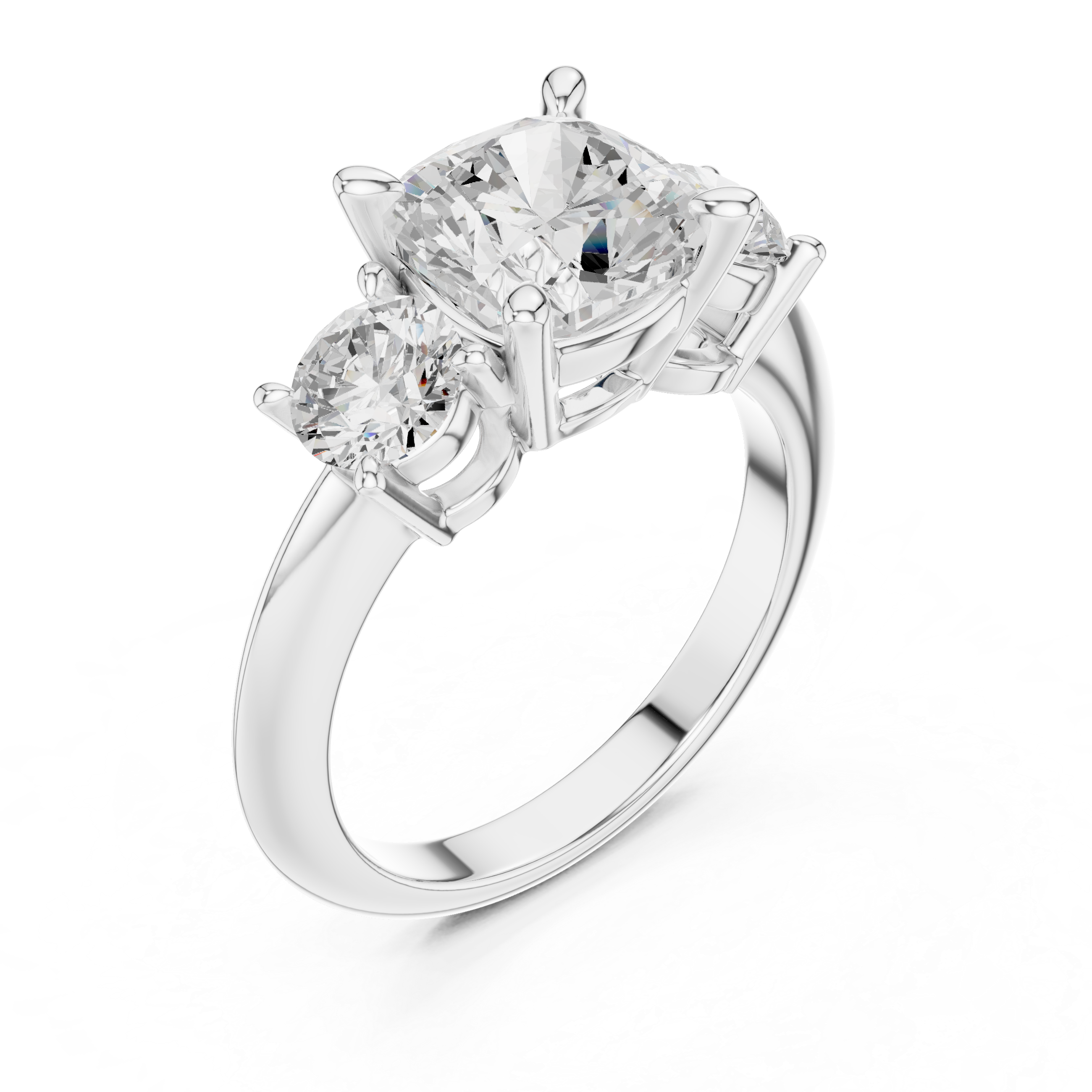 Cushion Cut Three Stone Engagement Ring with Round Diamond Side Stones