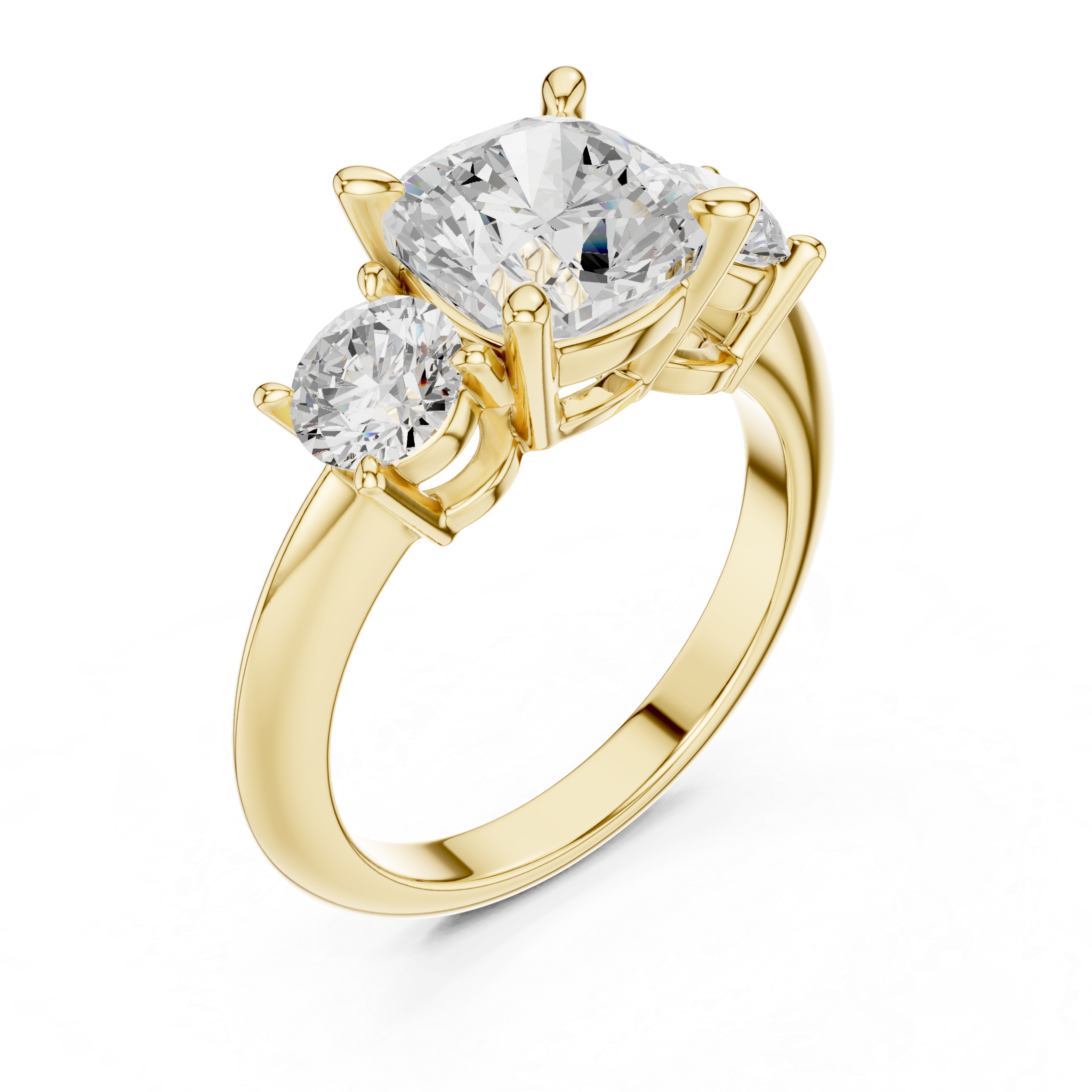 Cushion Cut Three Stone Engagement Ring with Round Diamond Side Stones