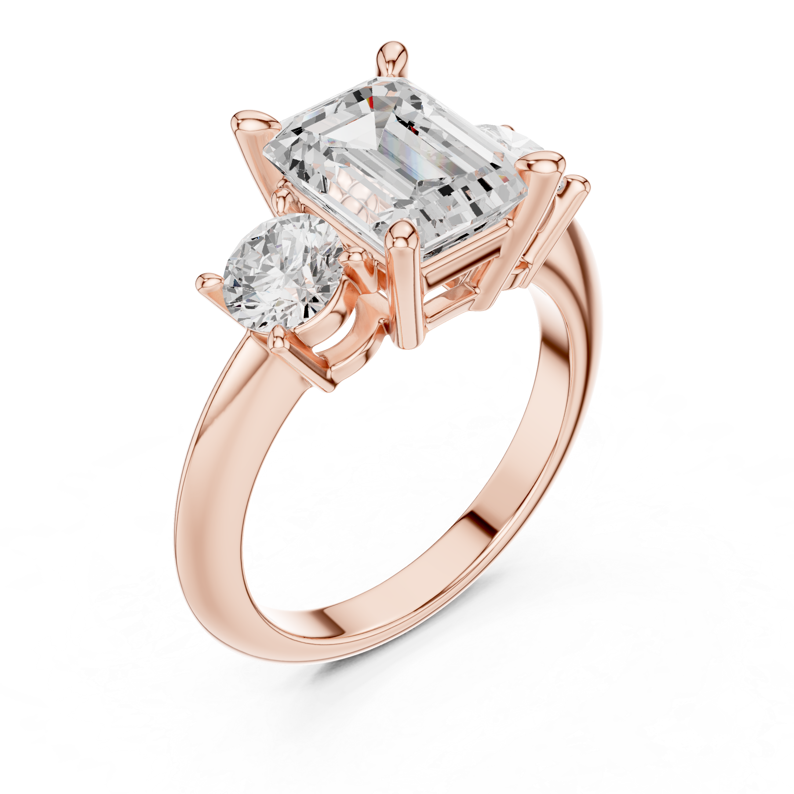 Emerald Cut Three Stone Engagement Ring with Round Diamond Side Stones