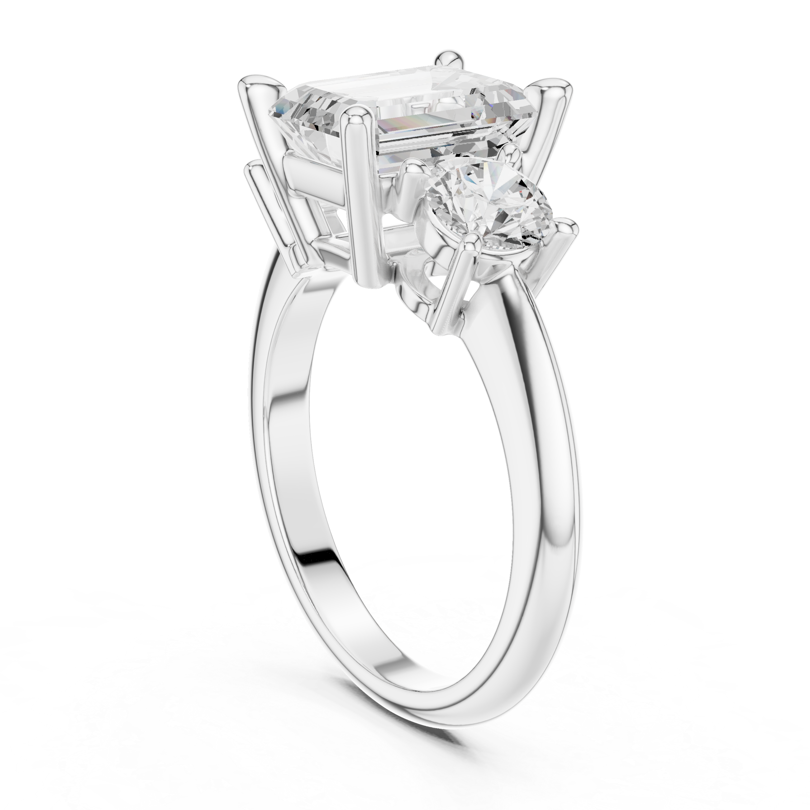 Emerald Cut Three Stone Engagement Ring with Round Diamond Side Stones