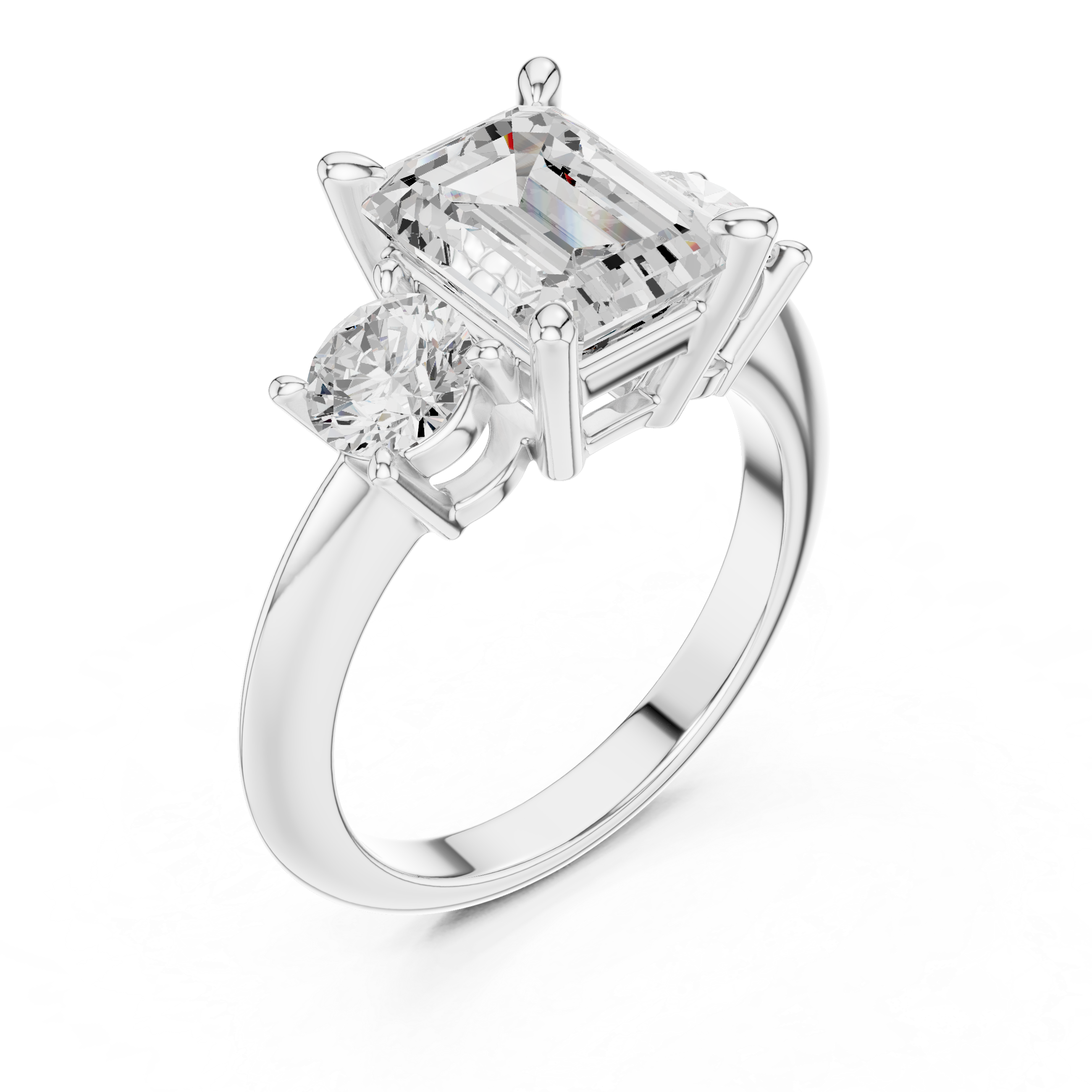Emerald Cut Three Stone Engagement Ring with Round Diamond Side Stones