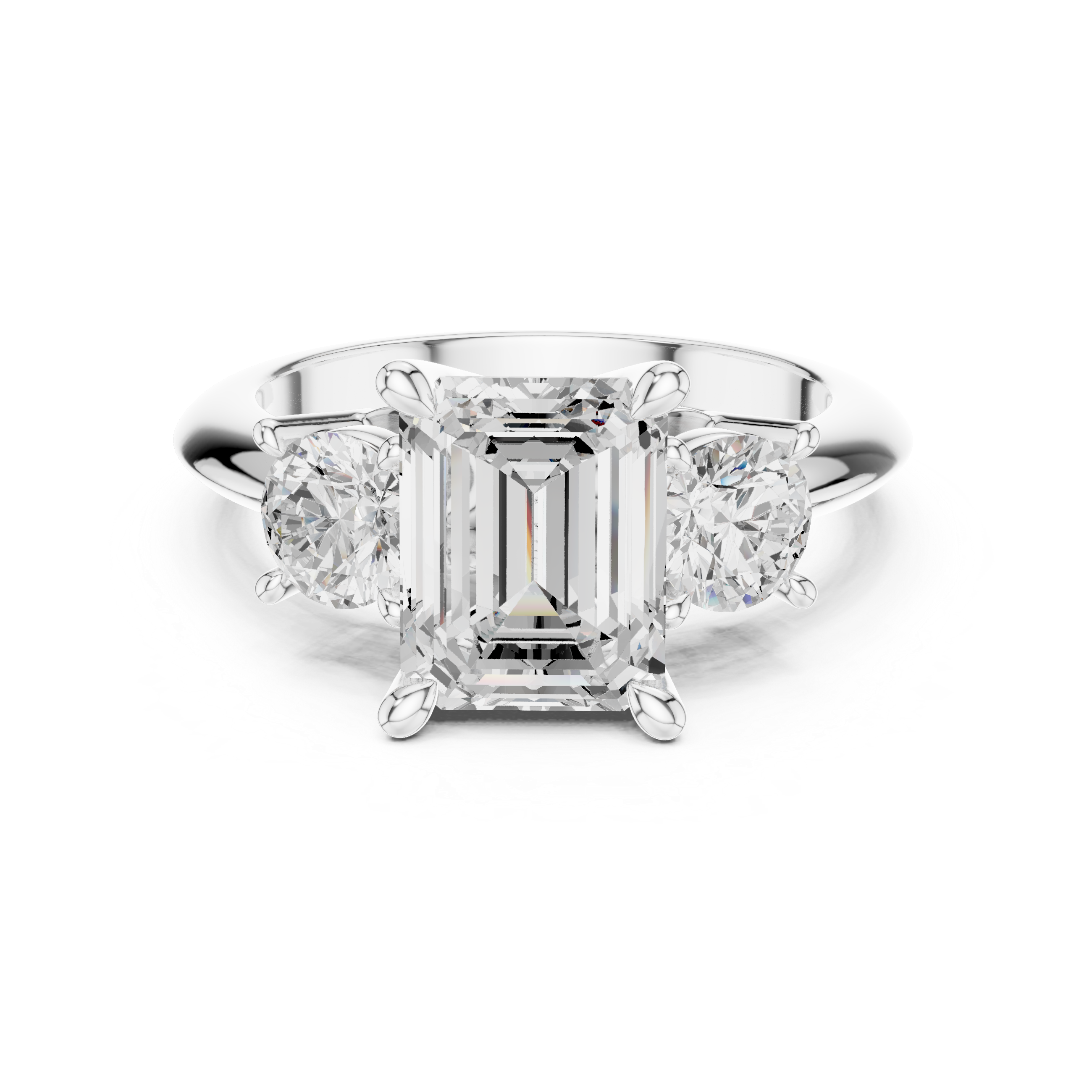 Emerald Cut Three Stone Engagement Ring with Round Diamond Side Stones