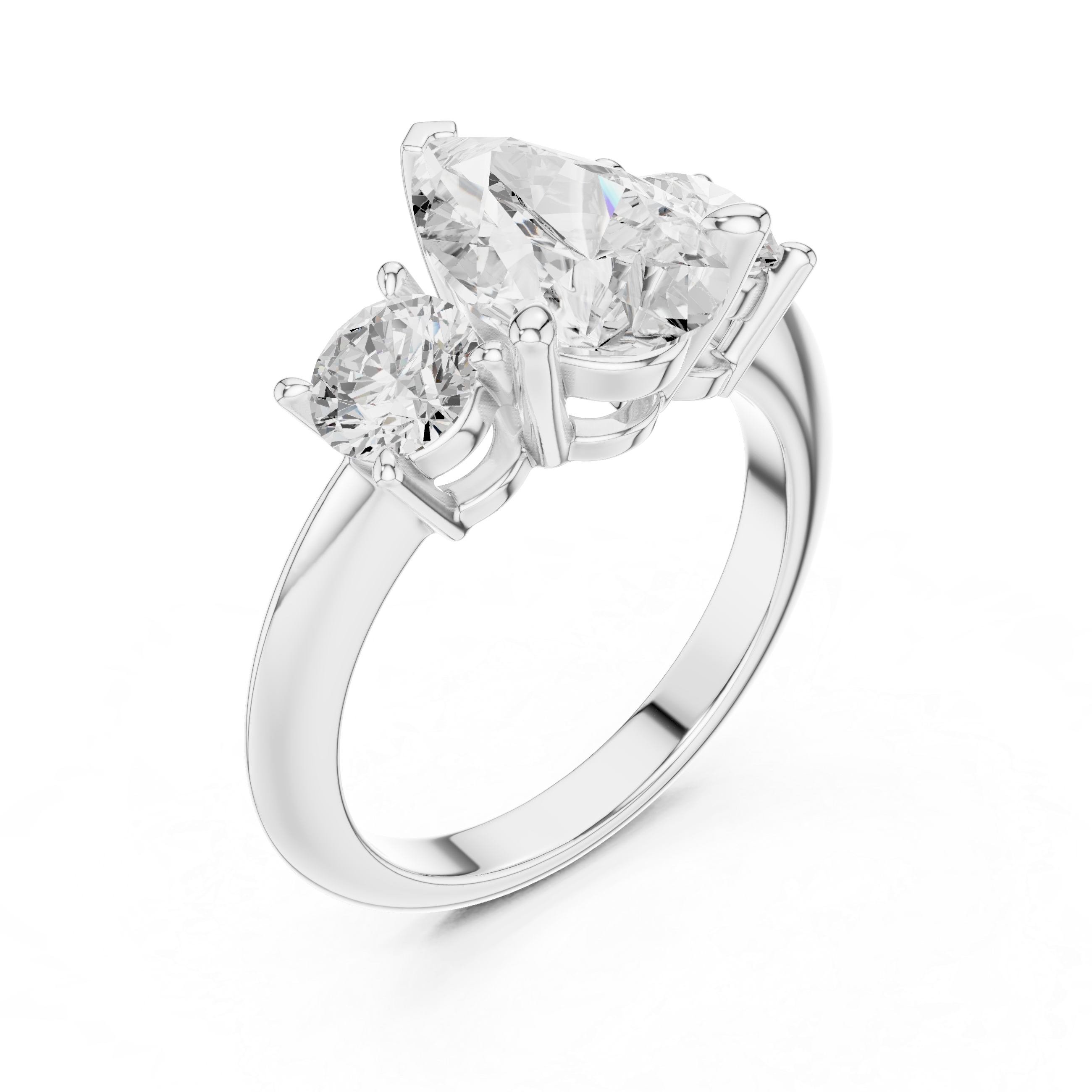 Pear Cut Three Stone Engagement Ring with Round Diamond Side Stones
