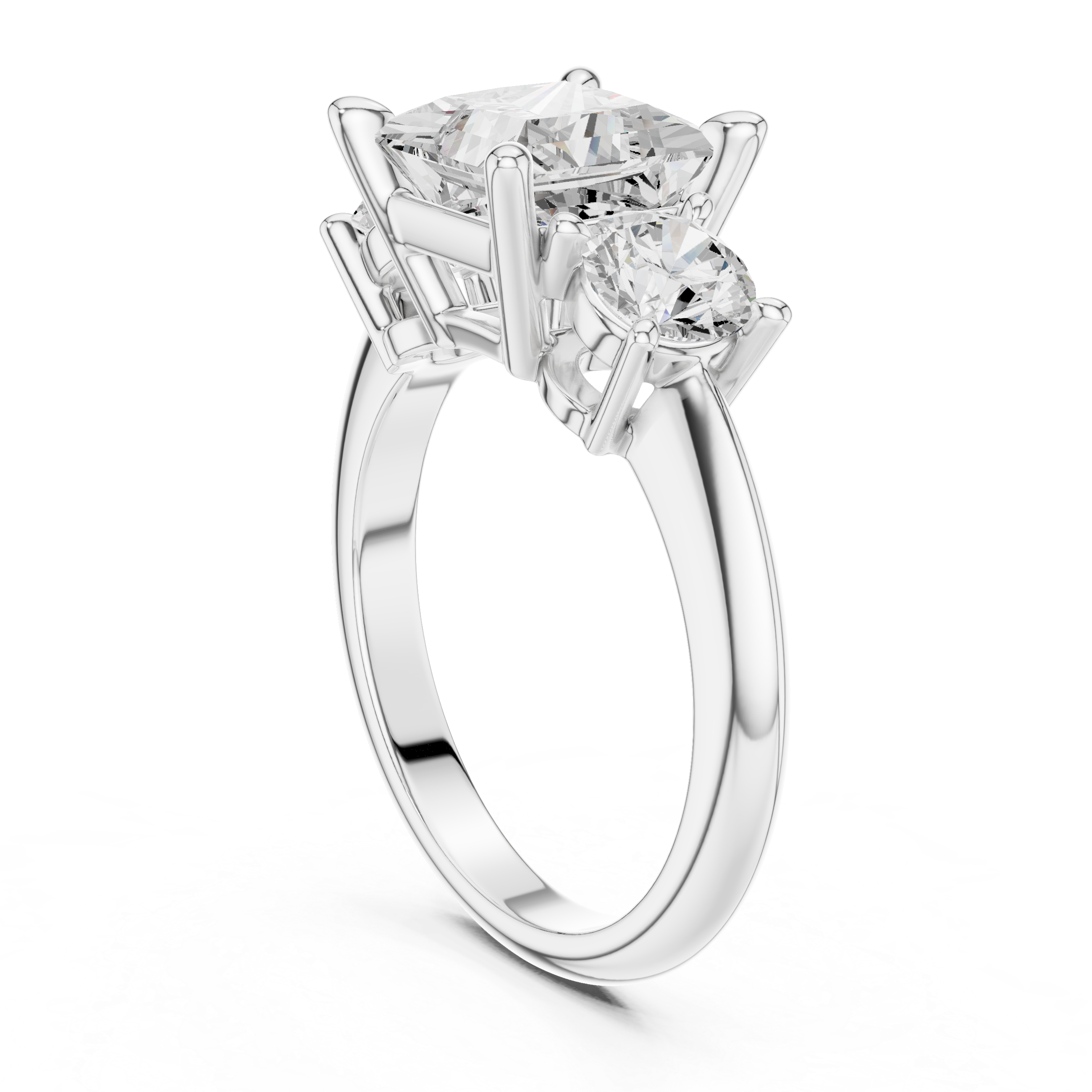 Princess Cut Three Stone Engagement Ring with Round Diamond Side Stones