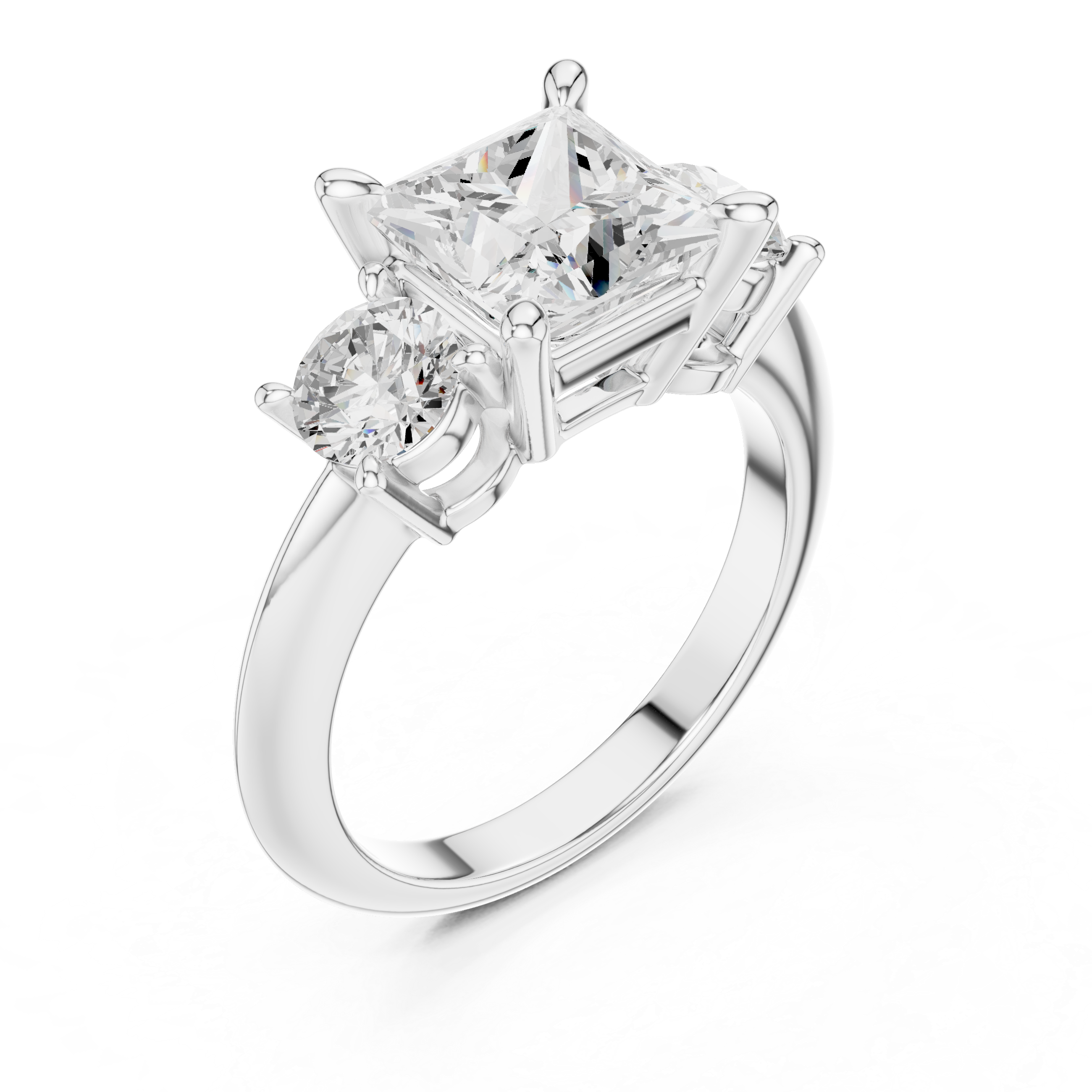 Princess Cut Three Stone Engagement Ring with Round Diamond Side Stones