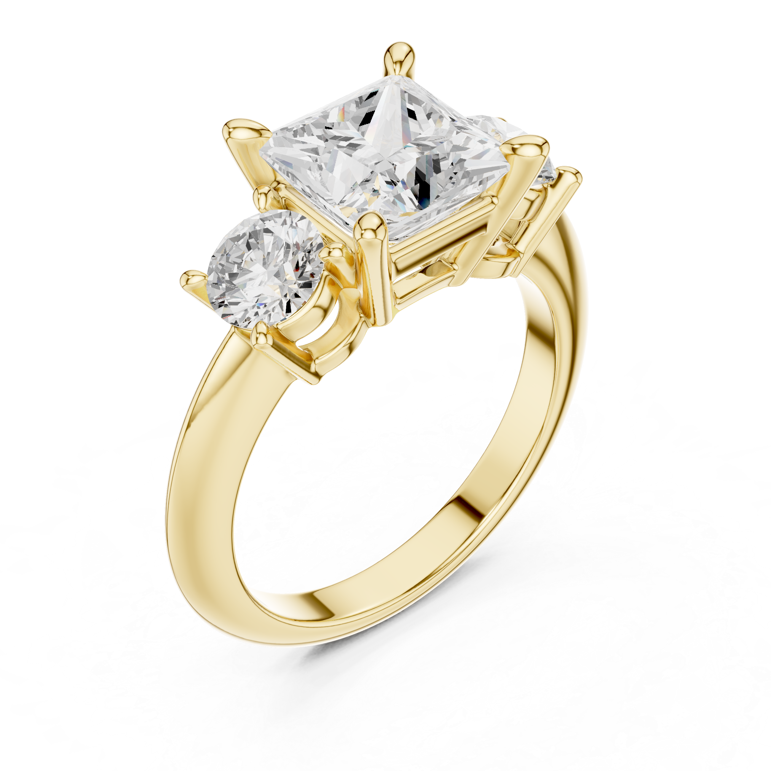 Princess Cut Three Stone Engagement Ring with Round Diamond Side Stones