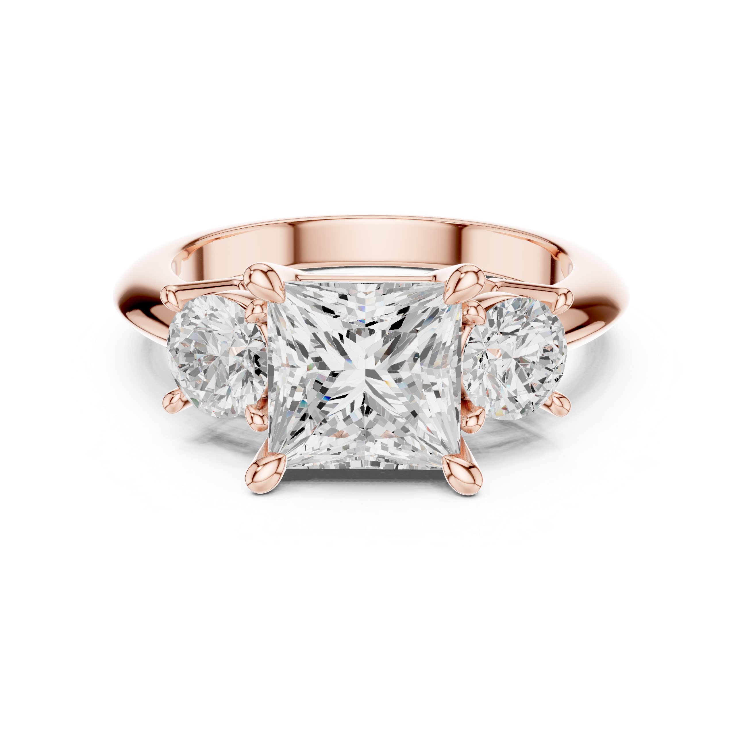 Princess Cut Three Stone Engagement Ring with Round Diamond Side Stones