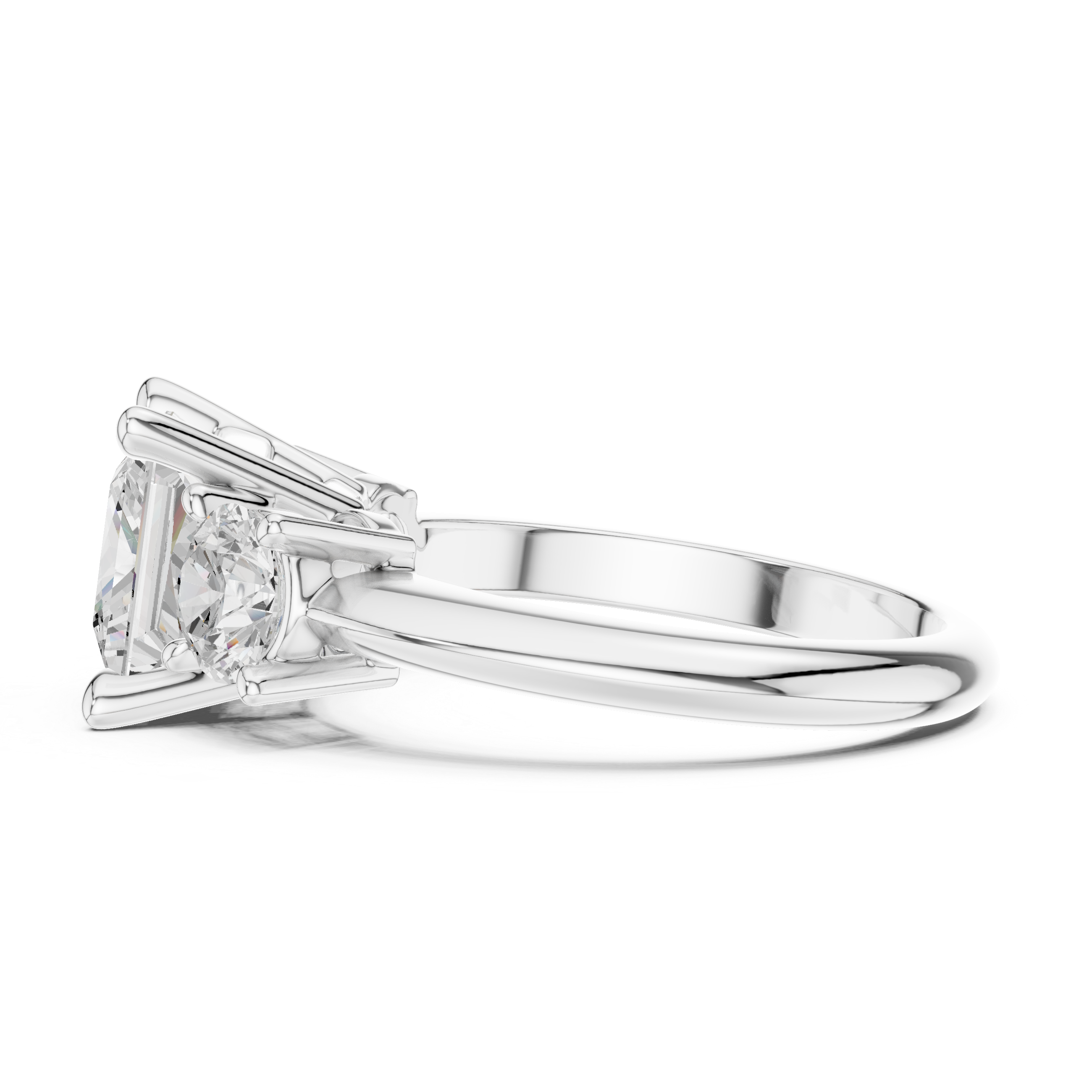 Princess Cut Three Stone Engagement Ring with Round Diamond Side Stones