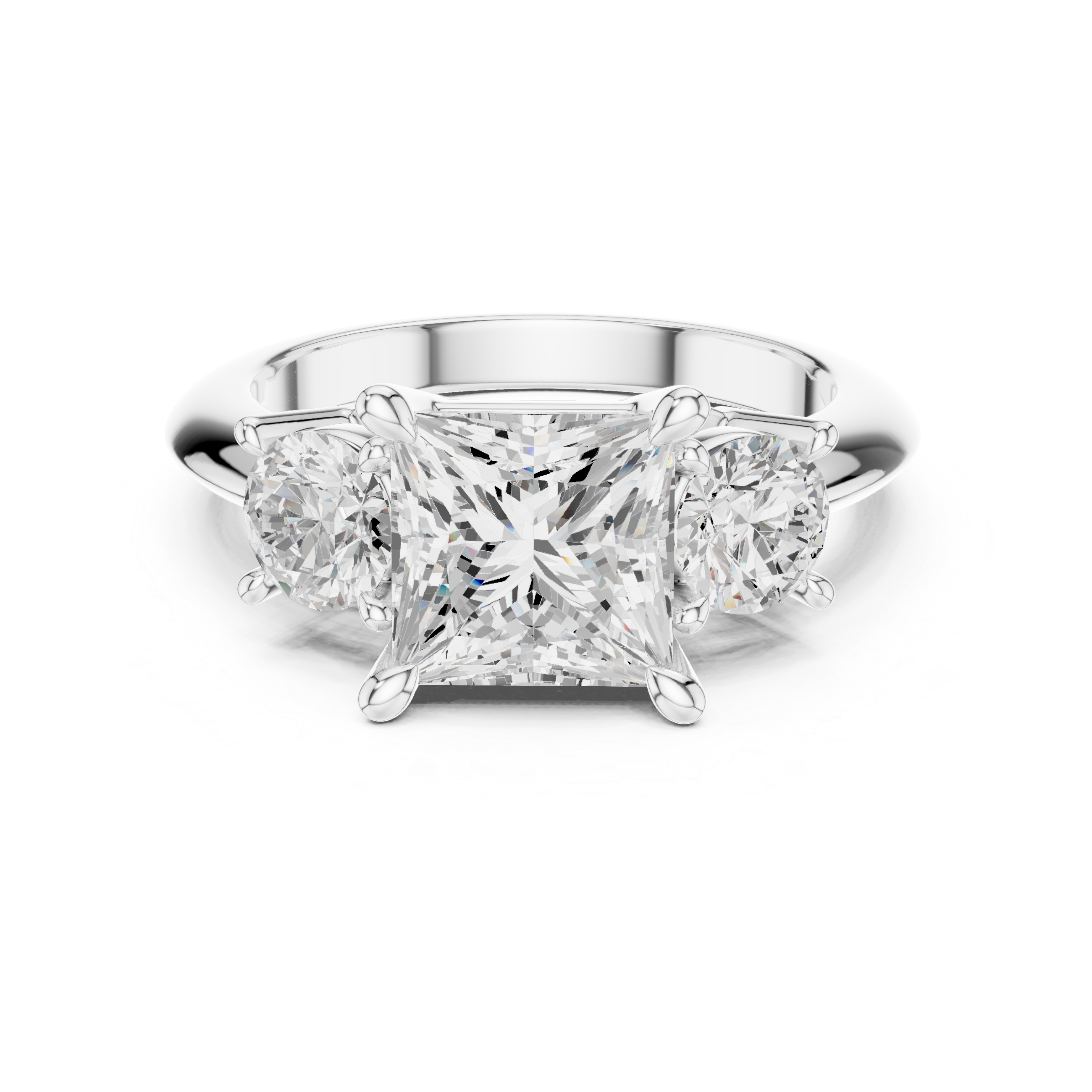 Princess Cut Three Stone Engagement Ring with Round Diamond Side Stones