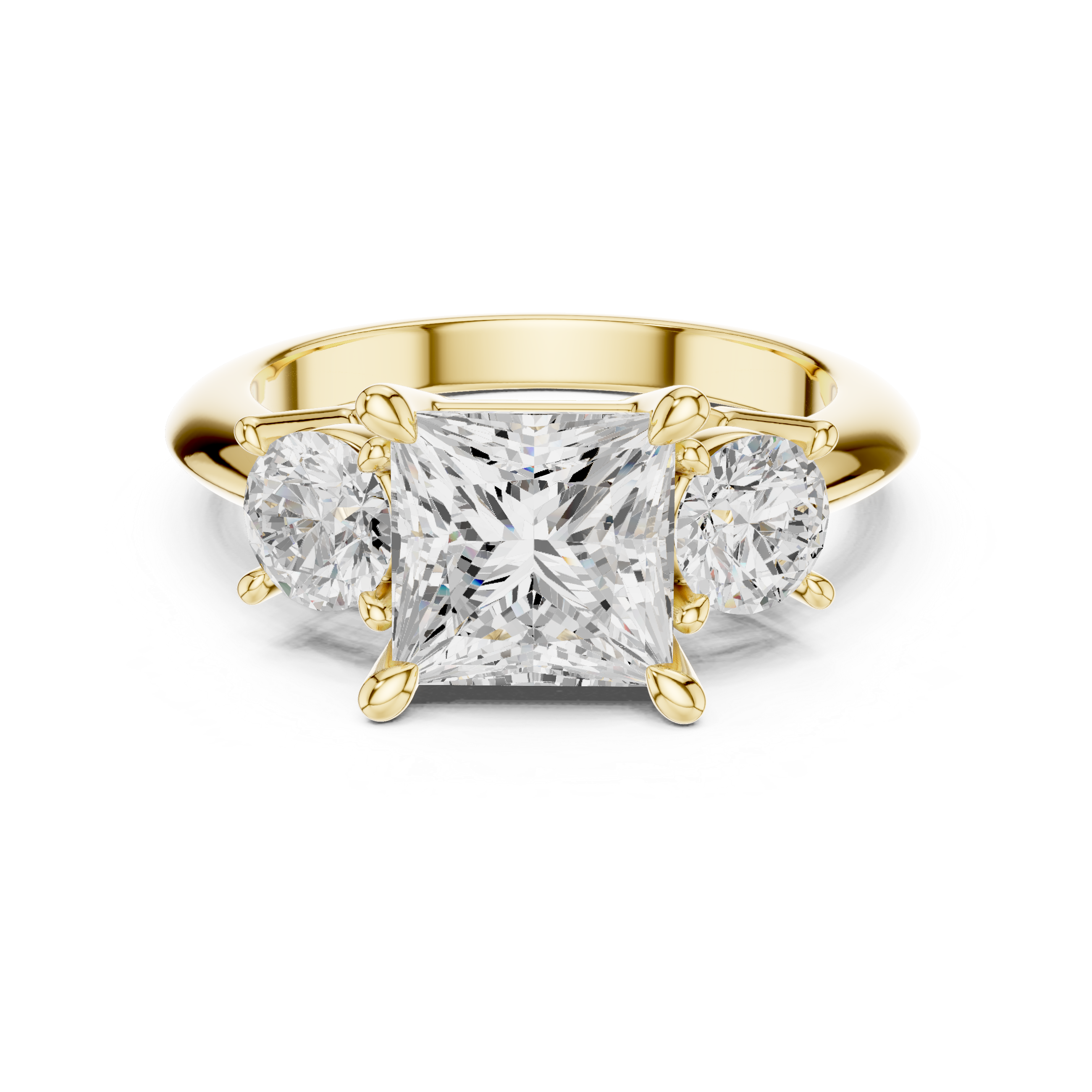 Princess Cut Three Stone Engagement Ring with Round Diamond Side Stones