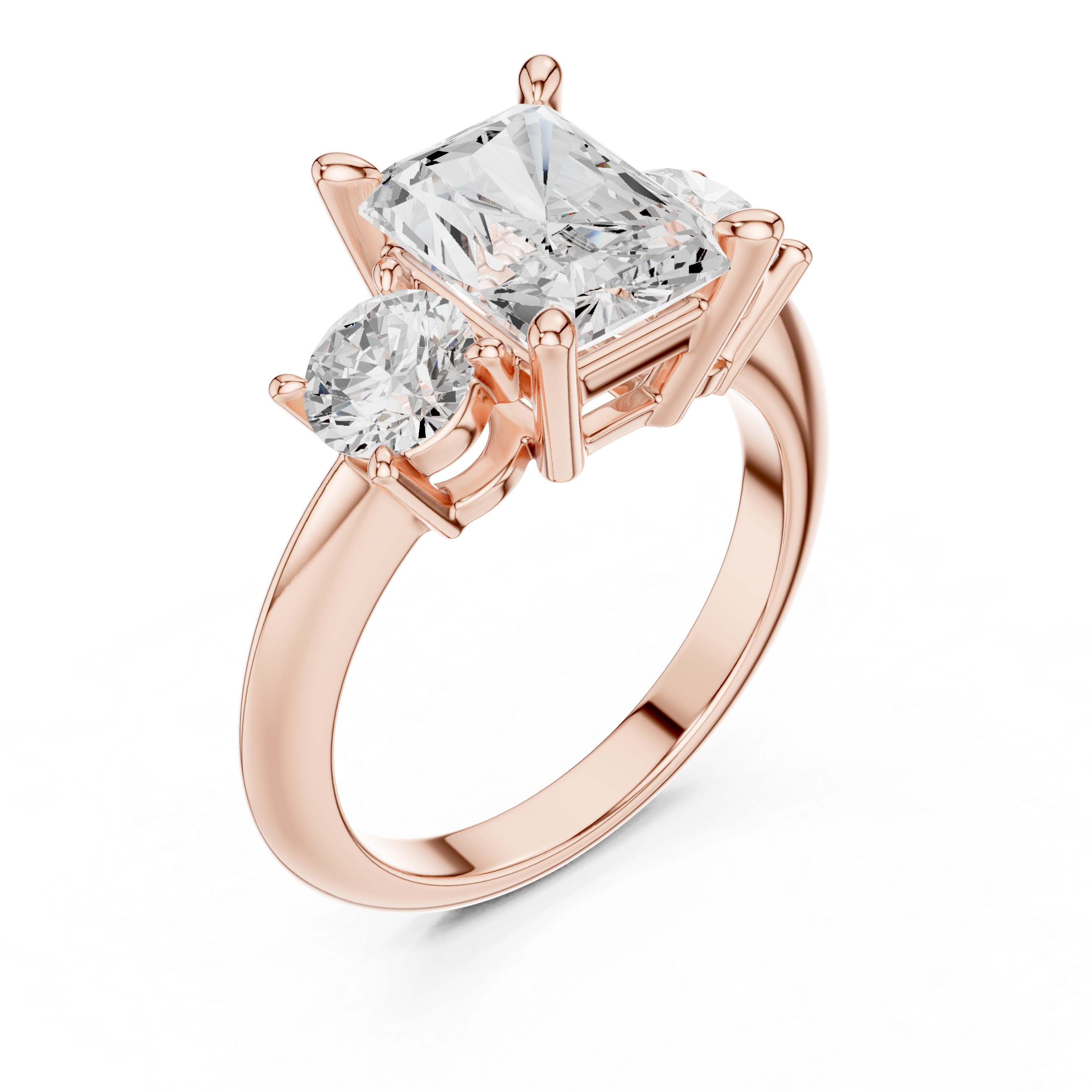 Radiant Cut Three Stone Engagement Ring with Round Diamond Side Stones