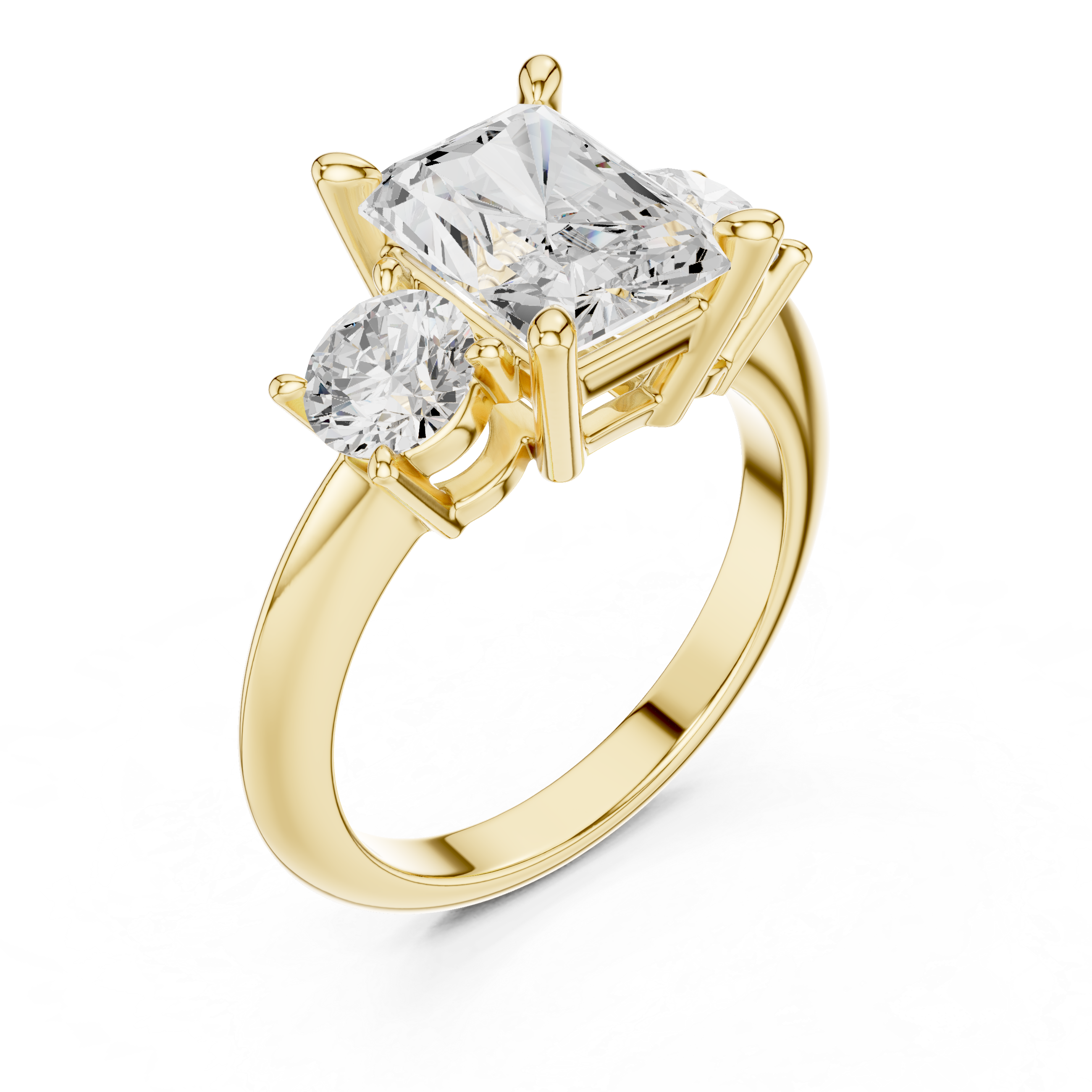 Radiant Cut Three Stone Engagement Ring with Round Diamond Side Stones