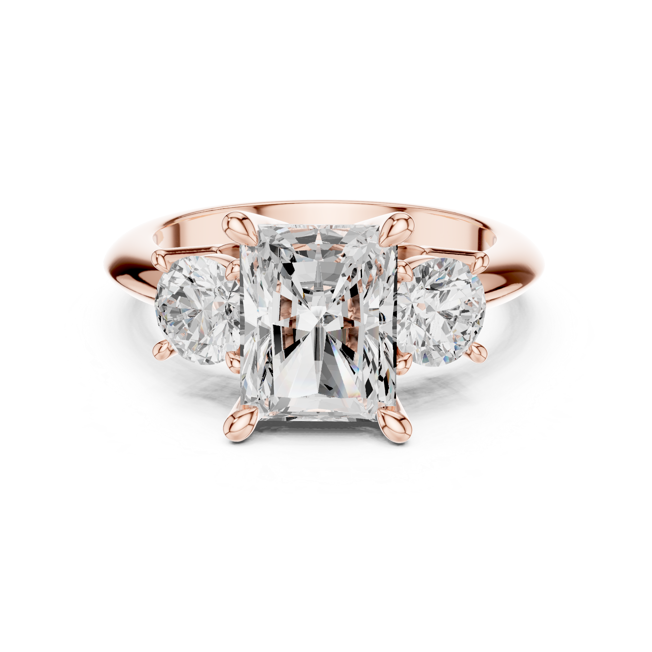 Radiant Cut Three Stone Engagement Ring with Round Diamond Side Stones