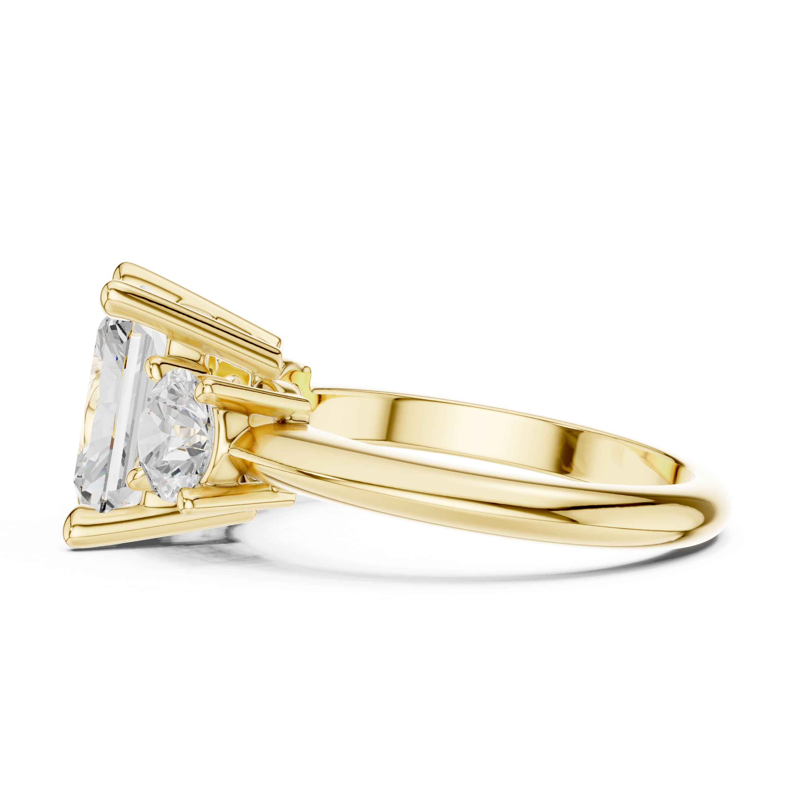 Radiant Cut Three Stone Engagement Ring with Round Diamond Side Stones