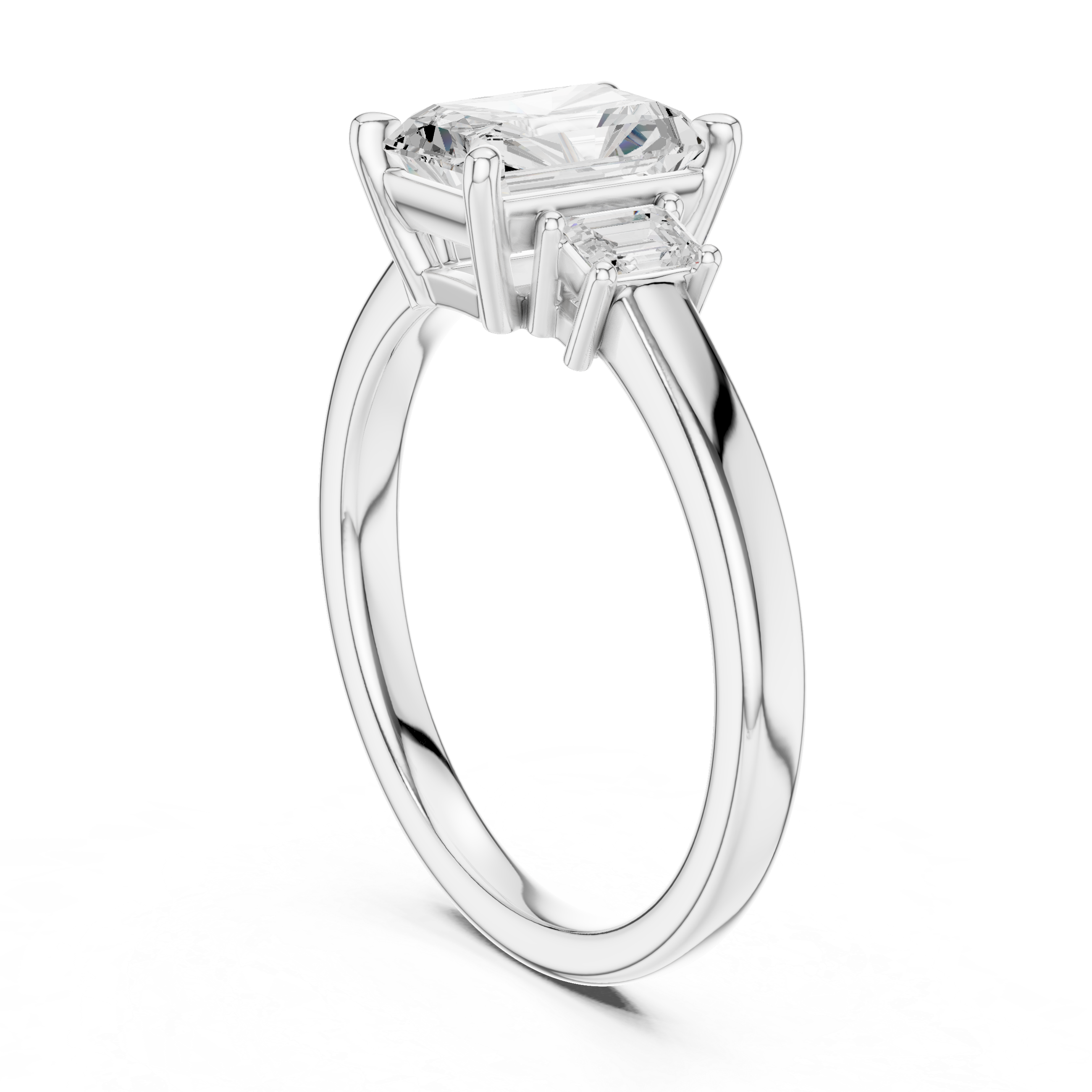 Radiant Cut Three Stone Engagement Ring with Emerald Cut Side Diamonds