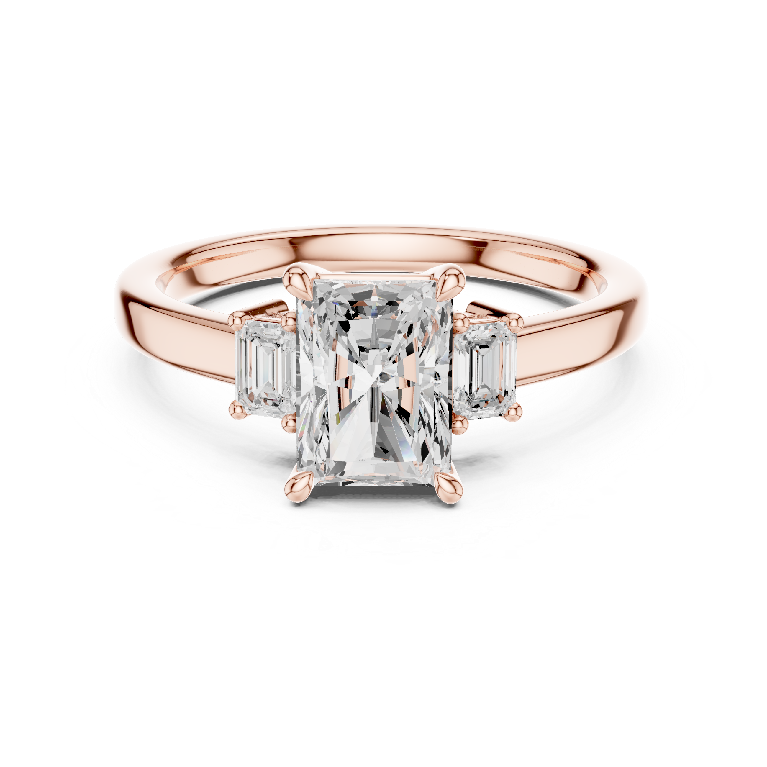 Radiant Cut Three Stone Engagement Ring with Emerald Cut Side Diamonds