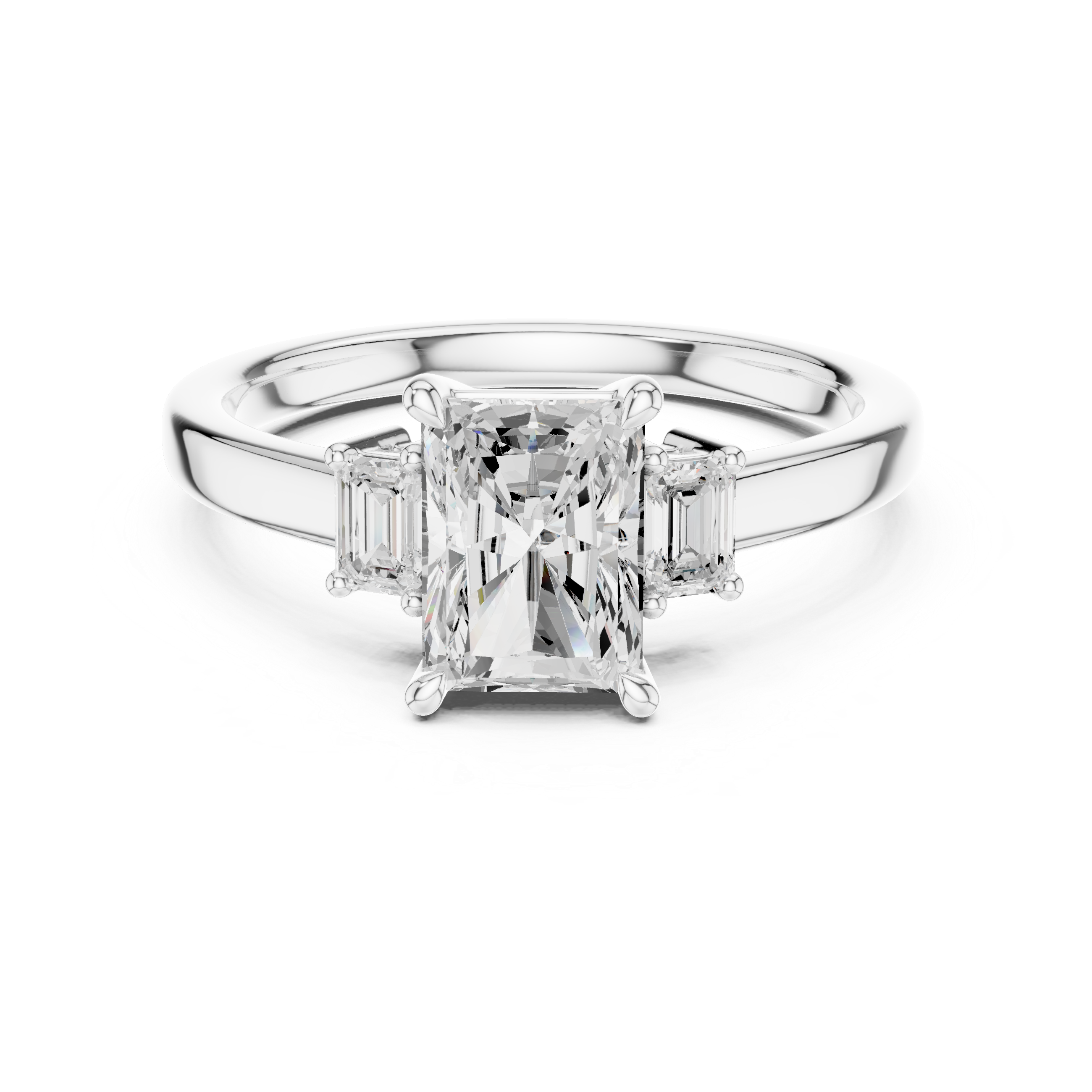 Radiant Cut Three Stone Engagement Ring with Emerald Cut Side Diamonds