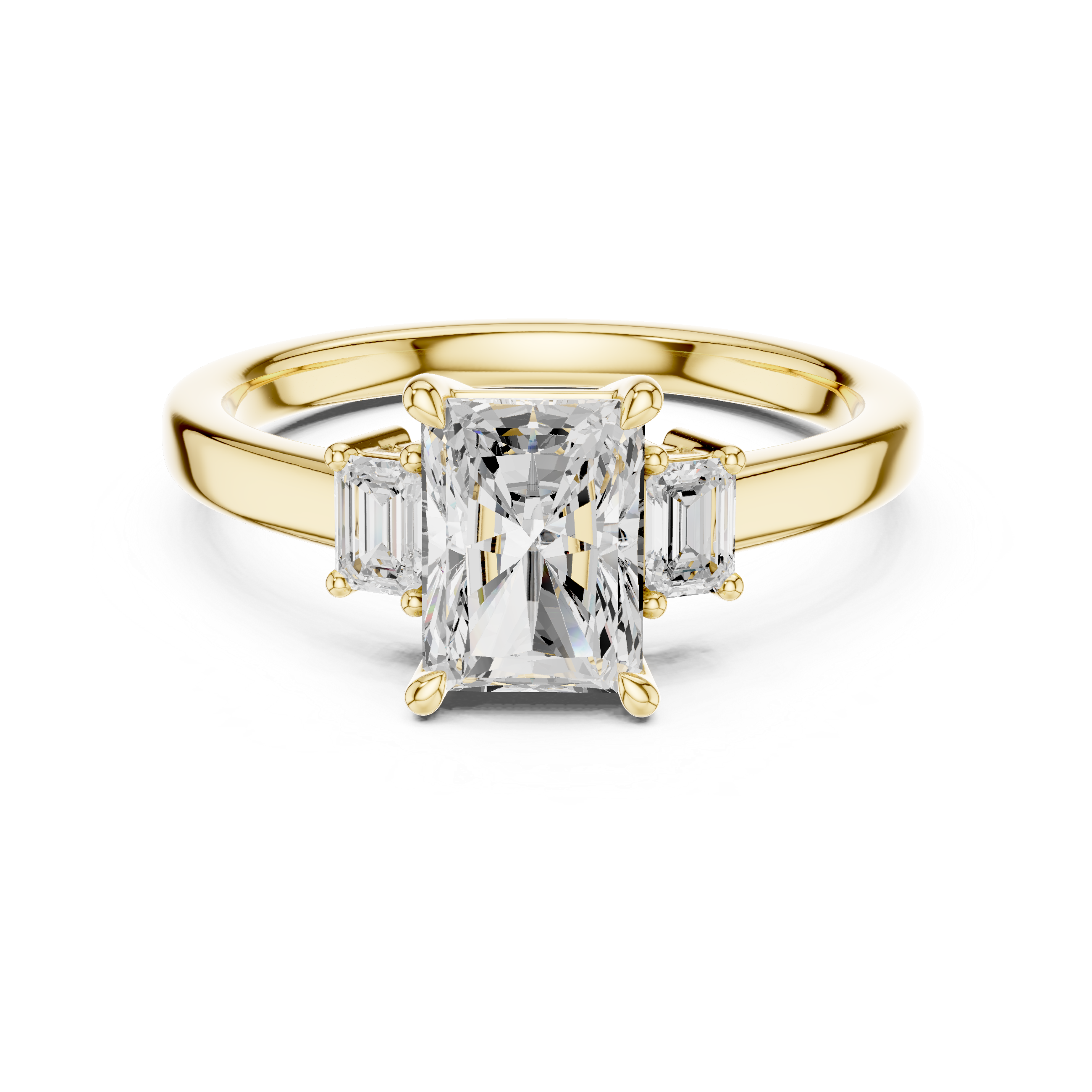 Radiant Cut Three Stone Engagement Ring with Emerald Cut Side Diamonds