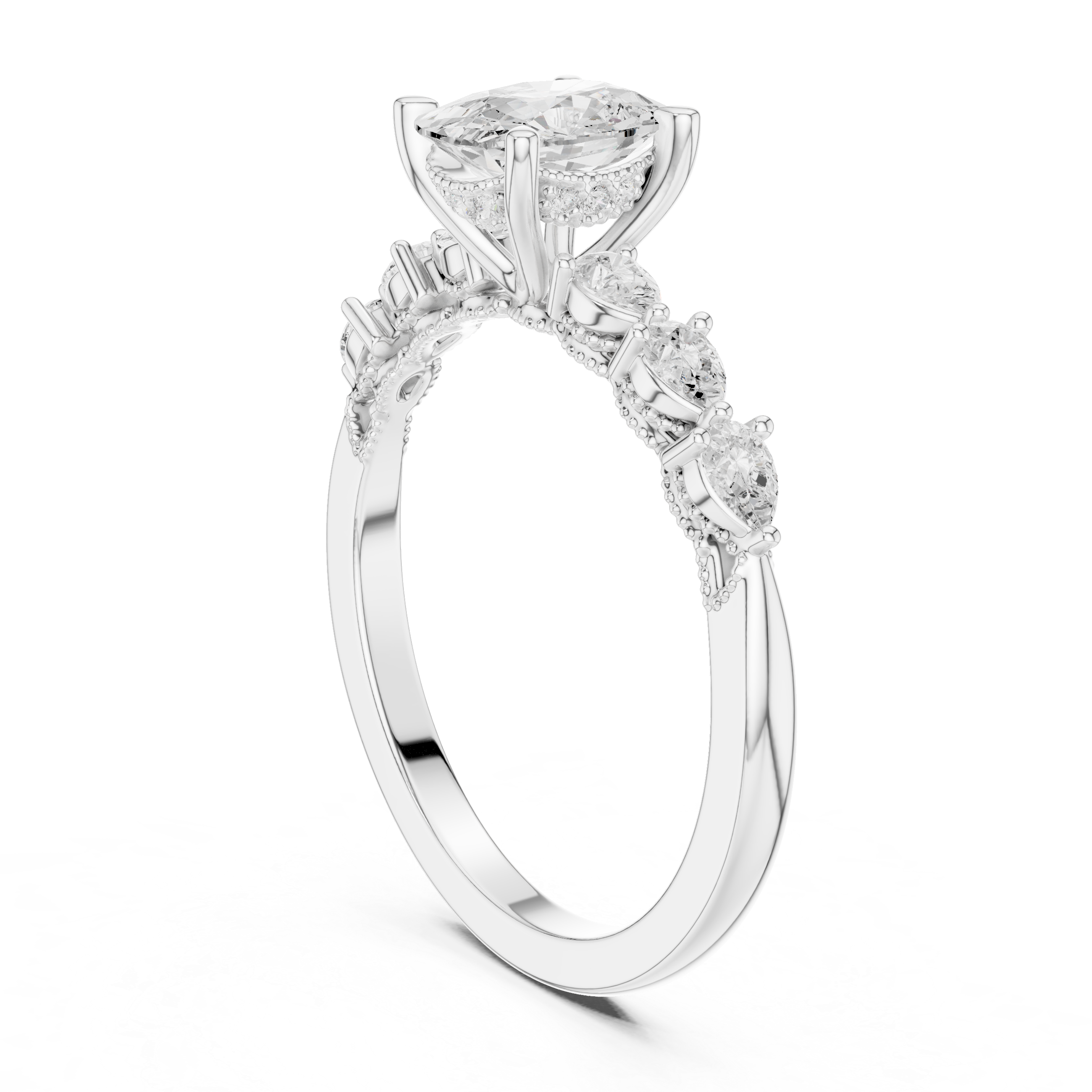 Cushion Cut Engagement Ring with Pear Diamond Accents and Milgrain Detail