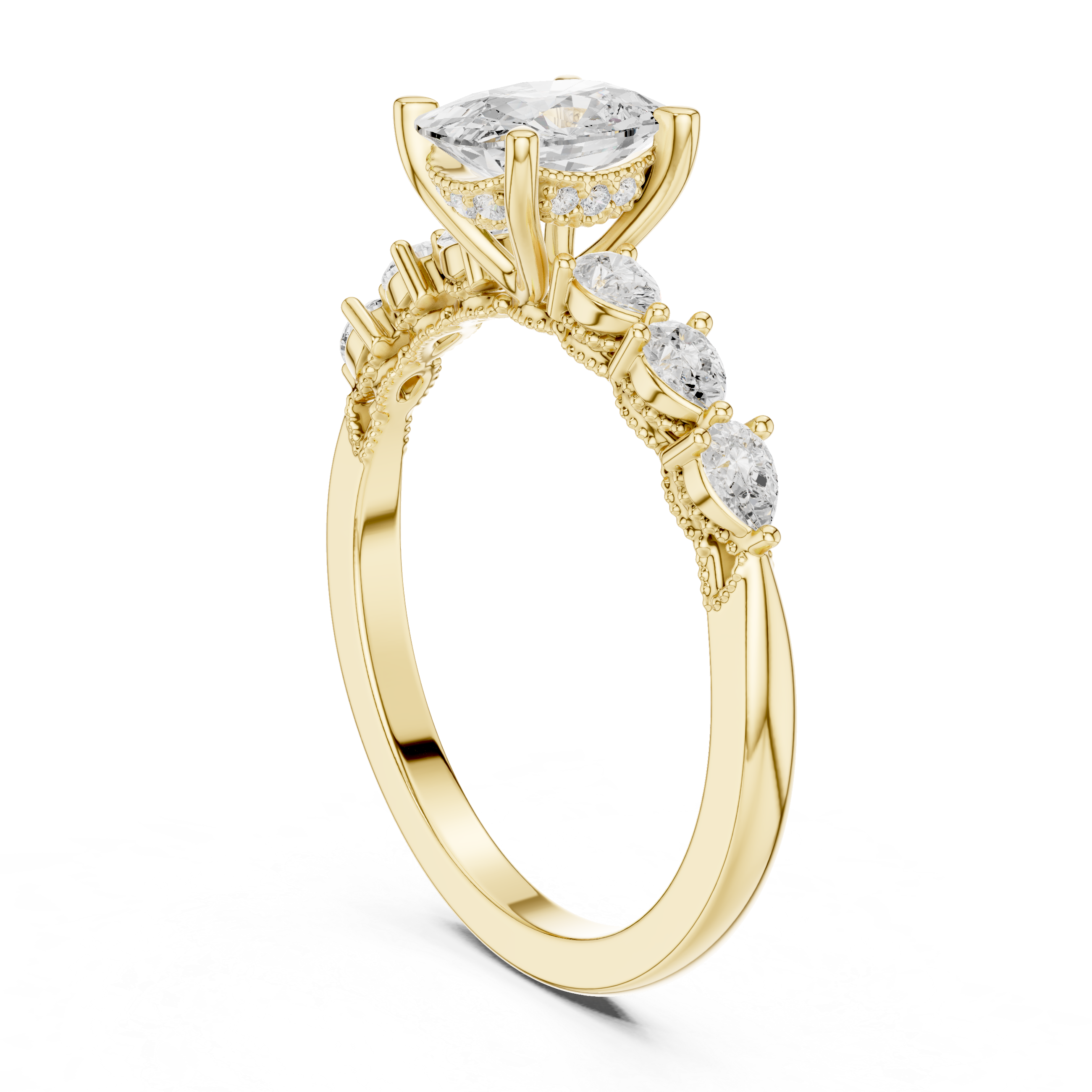 Cushion Cut Engagement Ring with Pear Diamond Accents and Milgrain Detail