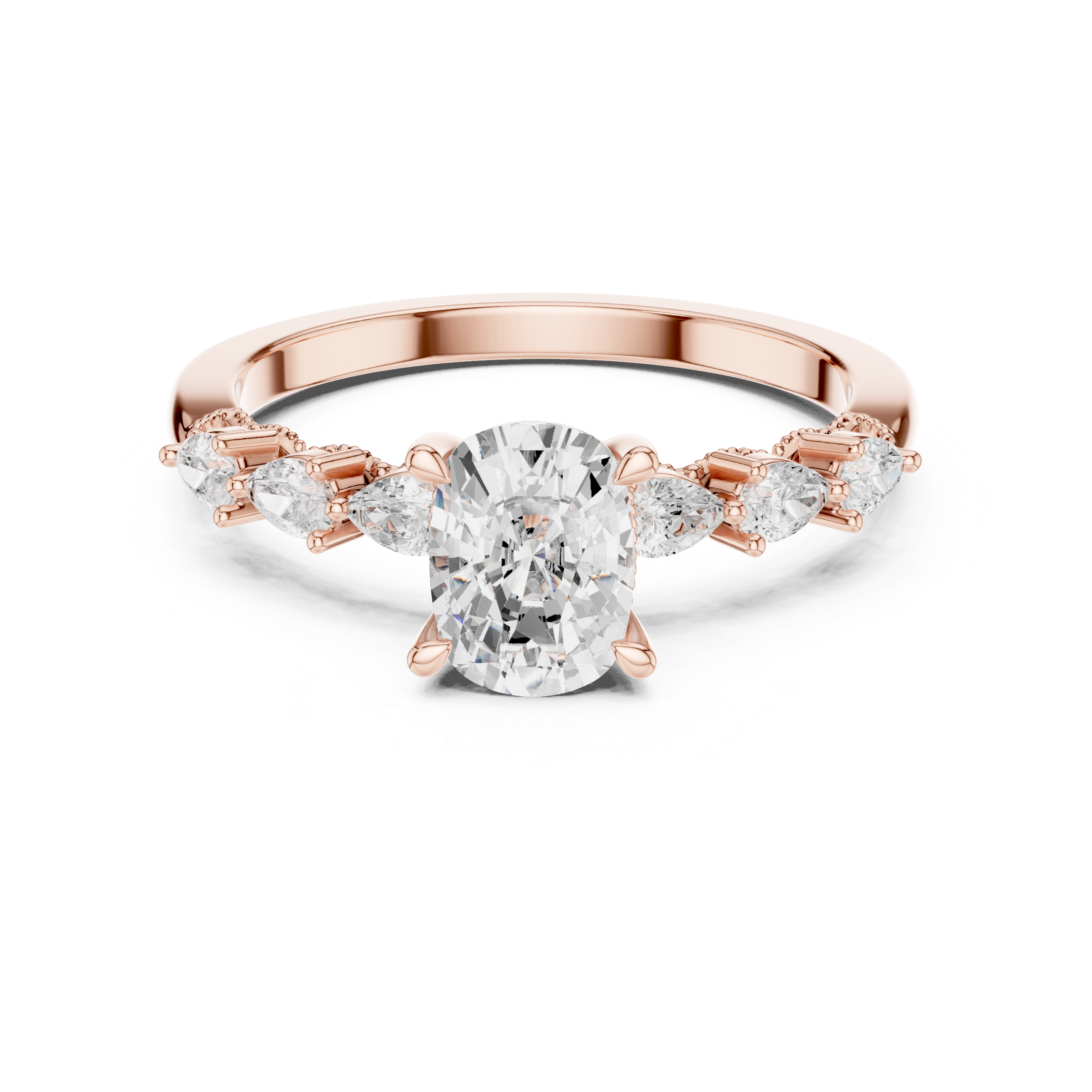 Cushion Cut Engagement Ring with Pear Diamond Accents and Milgrain Detail
