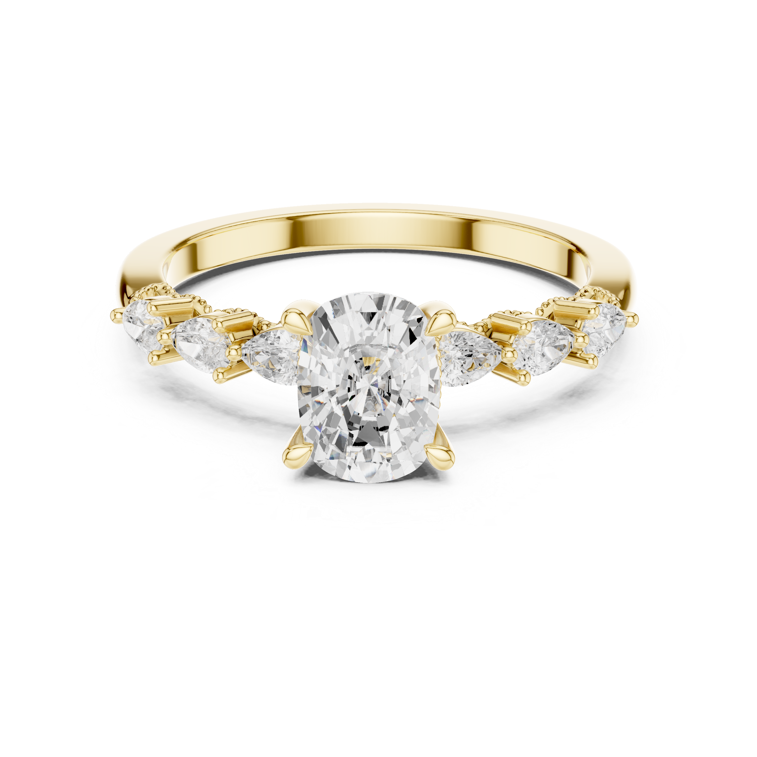 Cushion Cut Engagement Ring with Pear Diamond Accents and Milgrain Detail