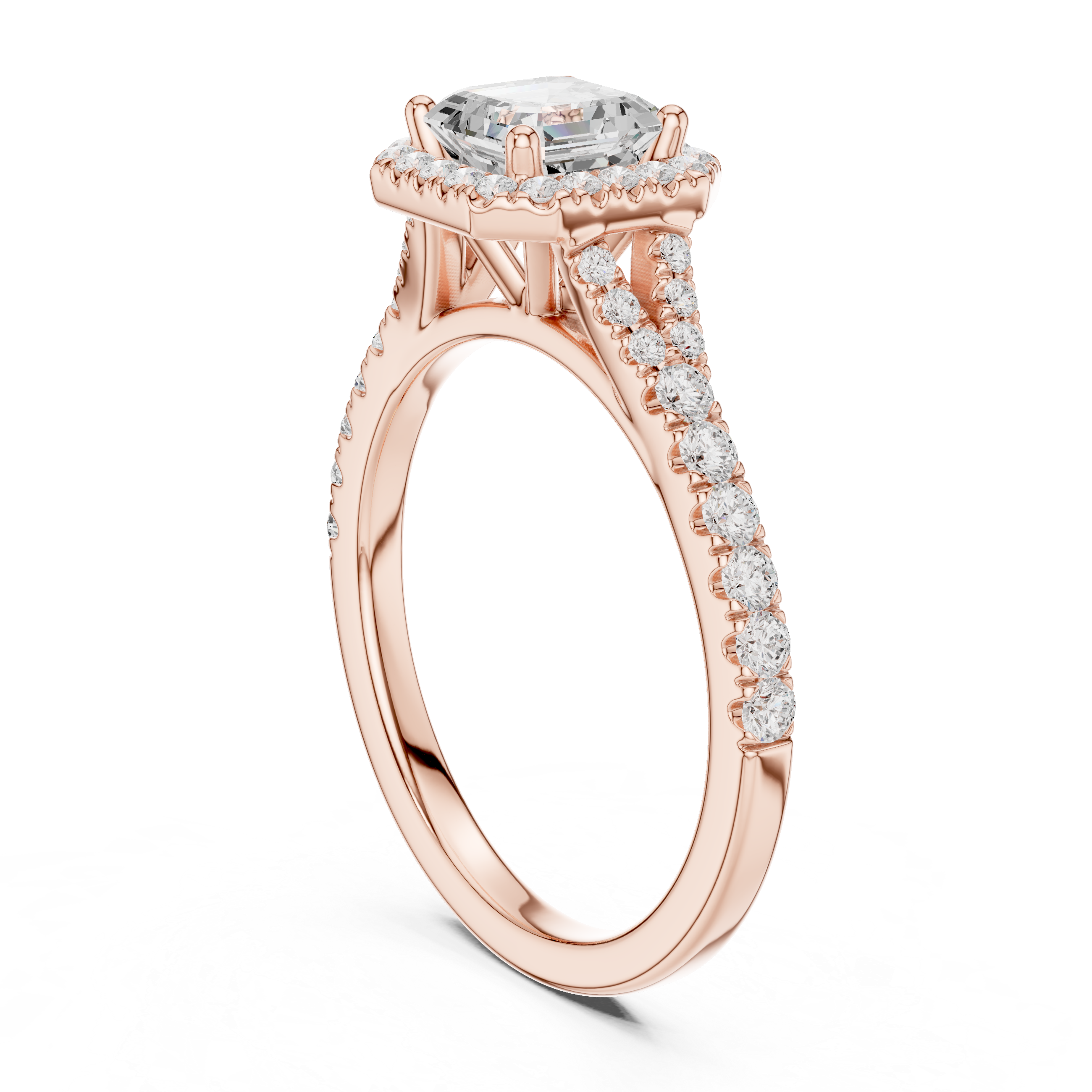 Asscher Cut Halo Engagement Ring with Split Shank Pavé Diamond Band