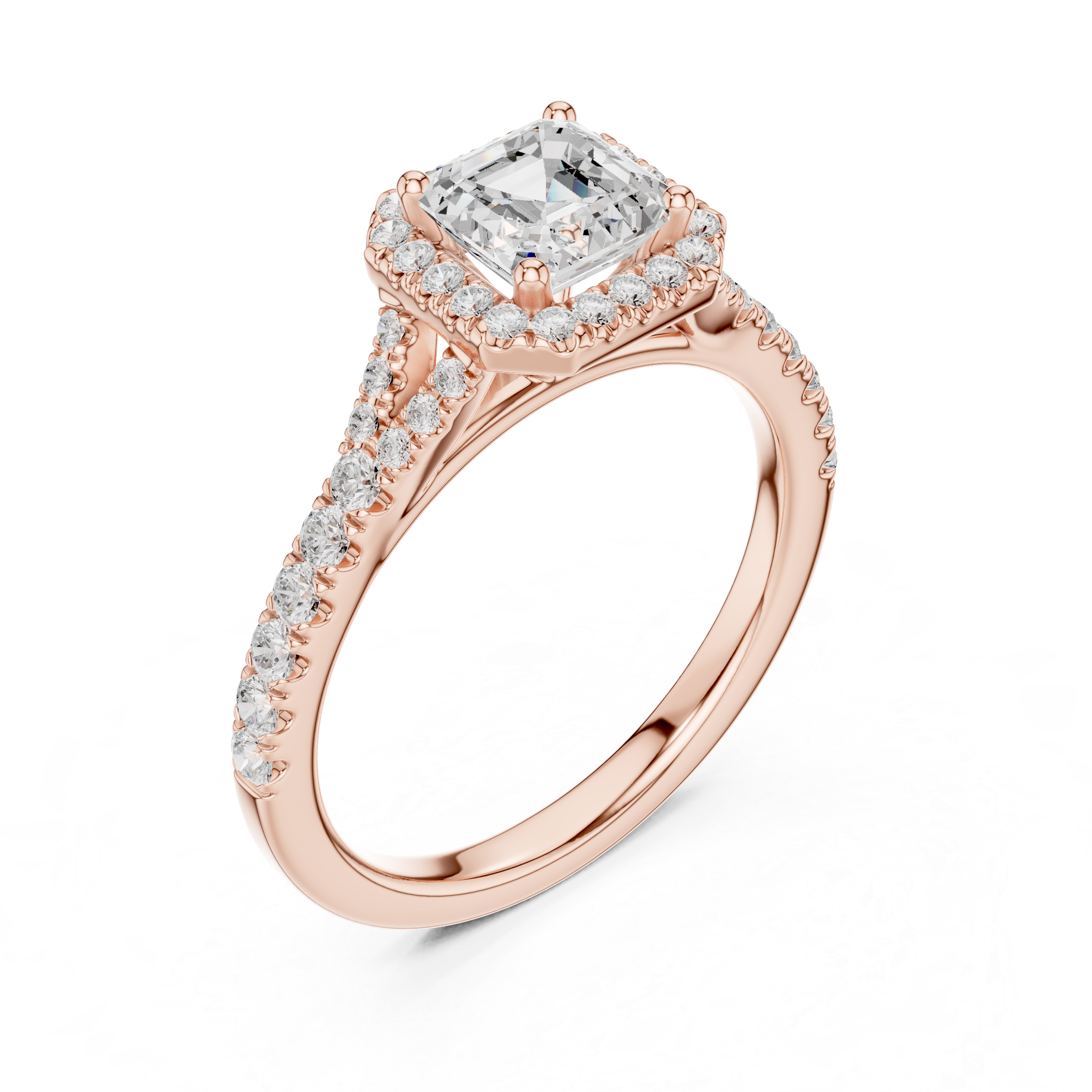 Asscher Cut Halo Engagement Ring with Split Shank Pavé Diamond Band