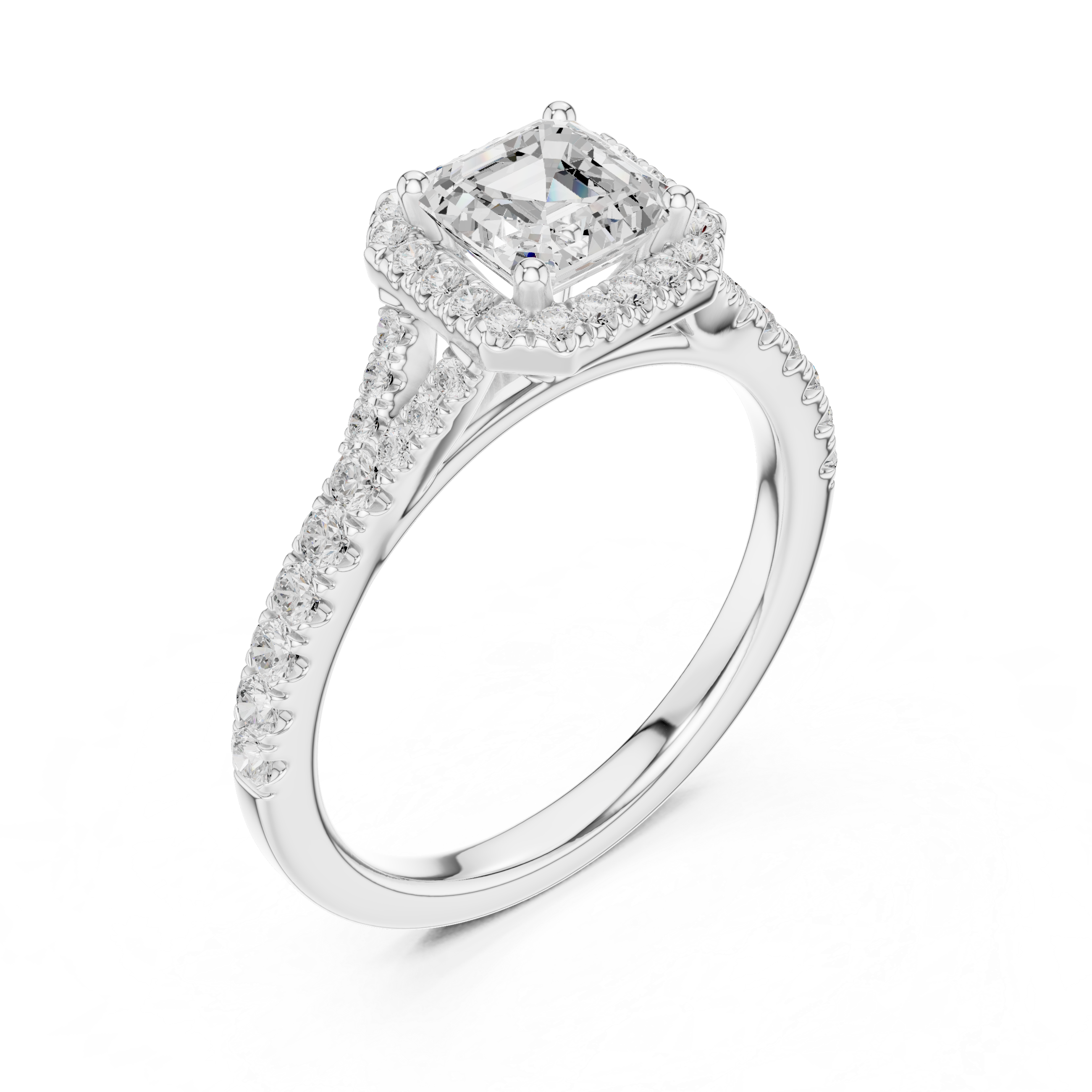 Asscher Cut Halo Engagement Ring with Split Shank Pavé Diamond Band