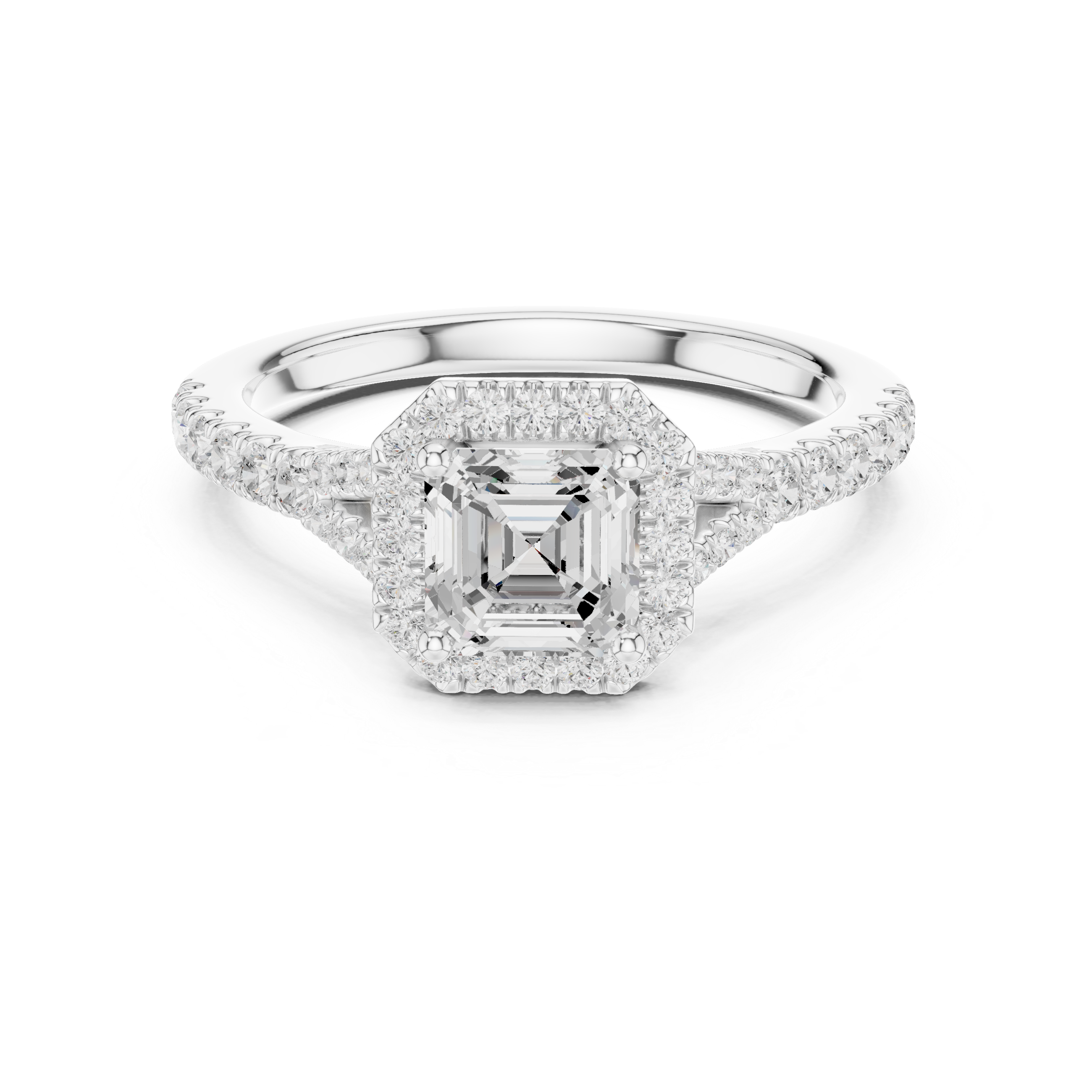 Asscher Cut Halo Engagement Ring with Split Shank Pavé Diamond Band