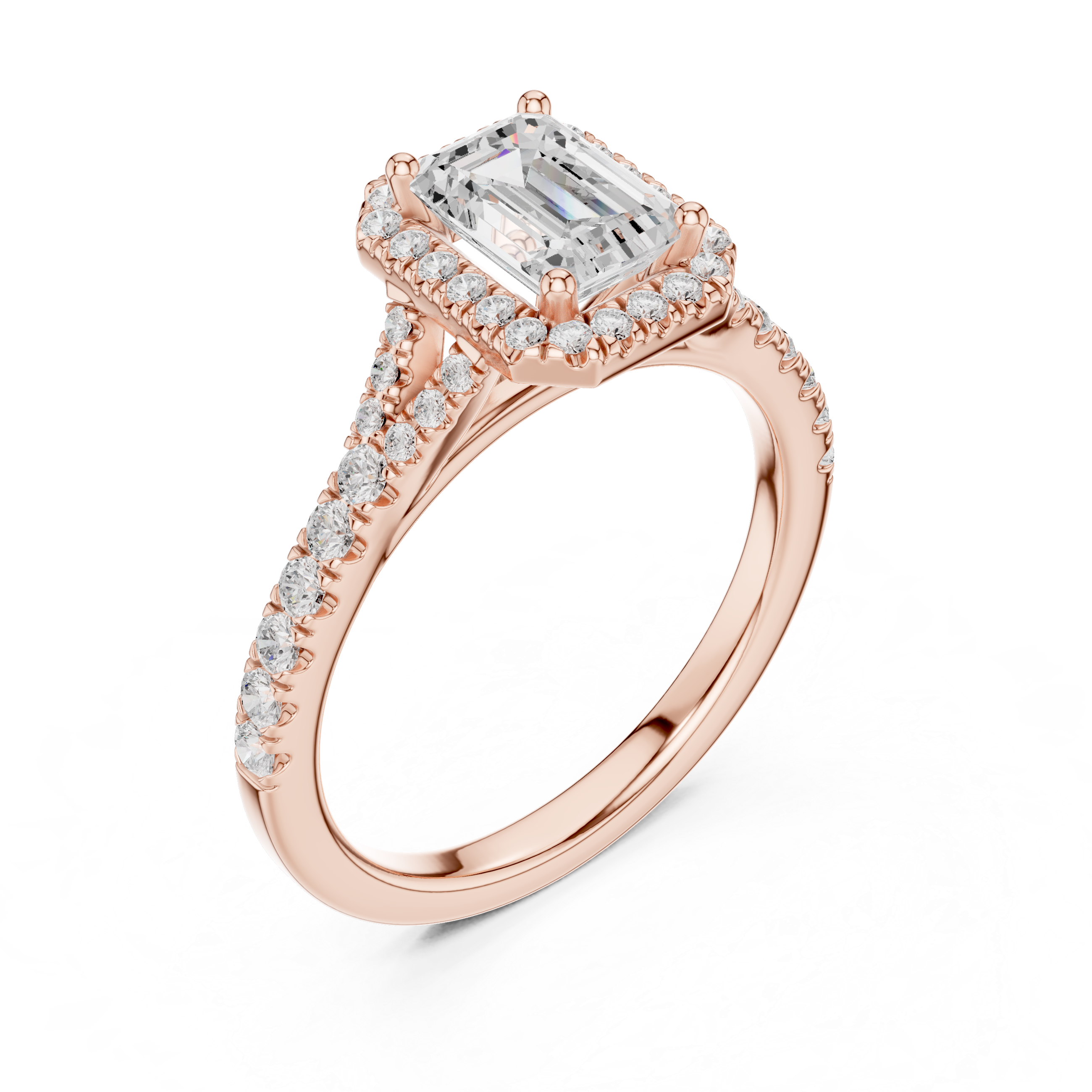 Emerald Cut Halo Engagement Ring with Split Shank Pavé Diamond Band