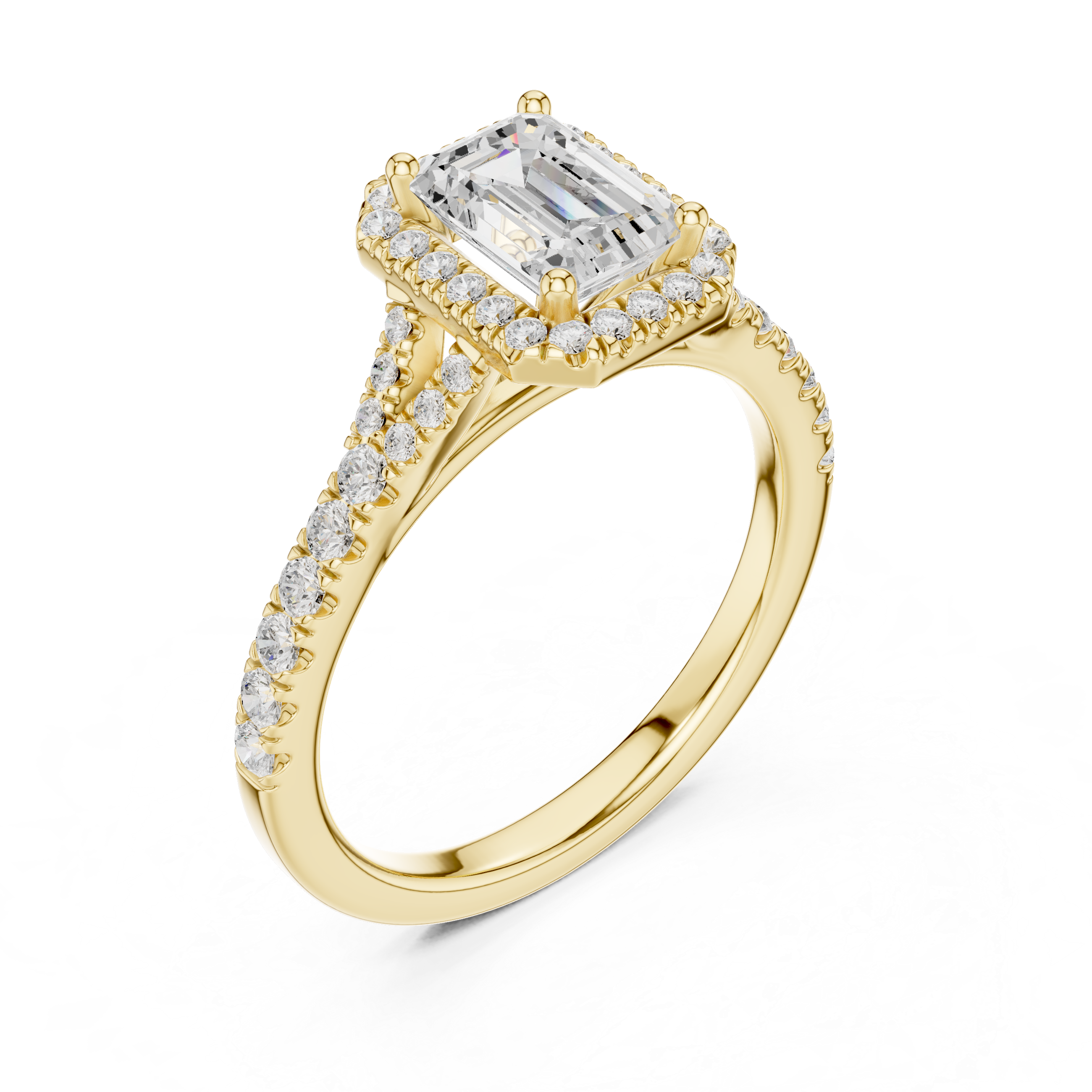 Emerald Cut Halo Engagement Ring with Split Shank Pavé Diamond Band
