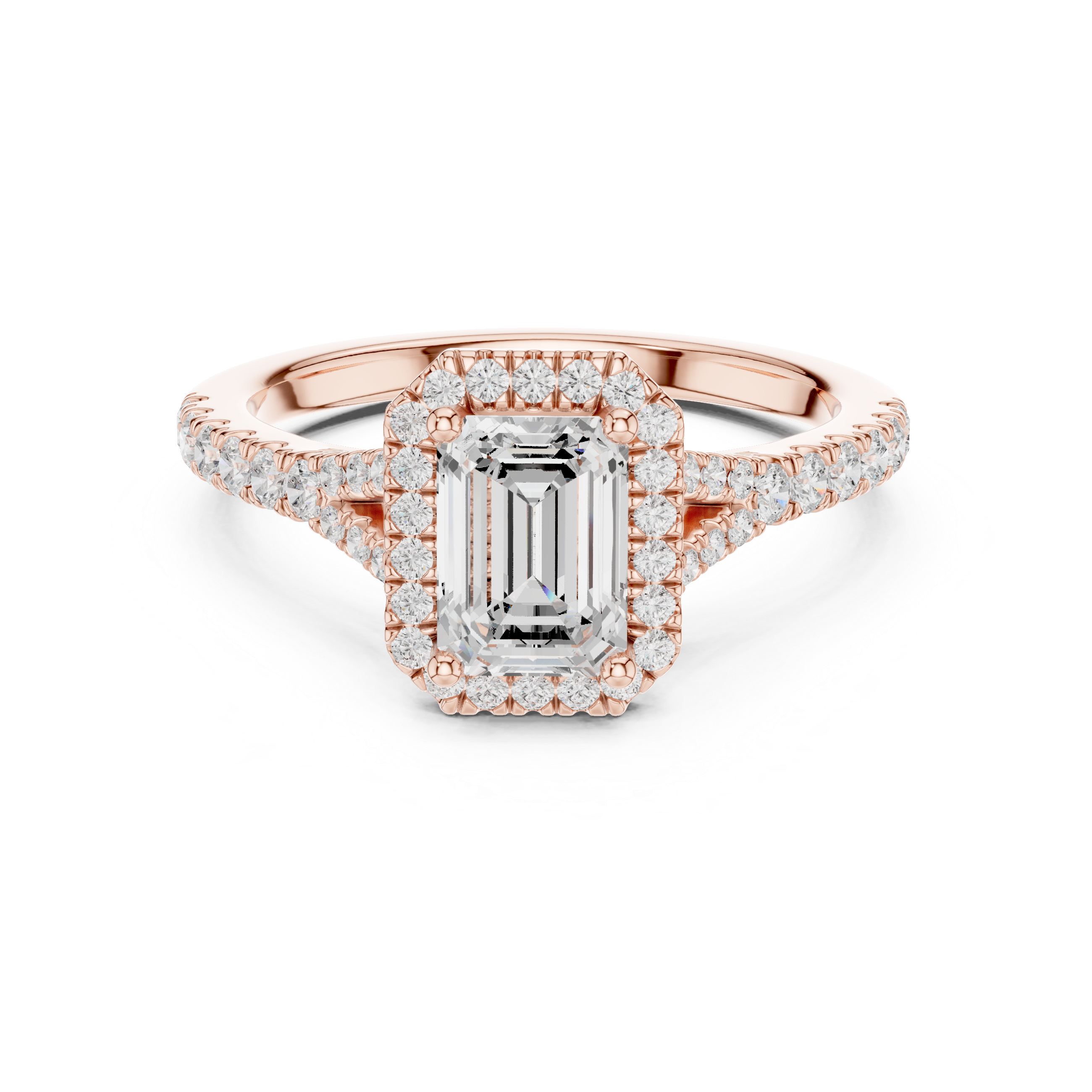 Emerald Cut Halo Engagement Ring with Split Shank Pavé Diamond Band