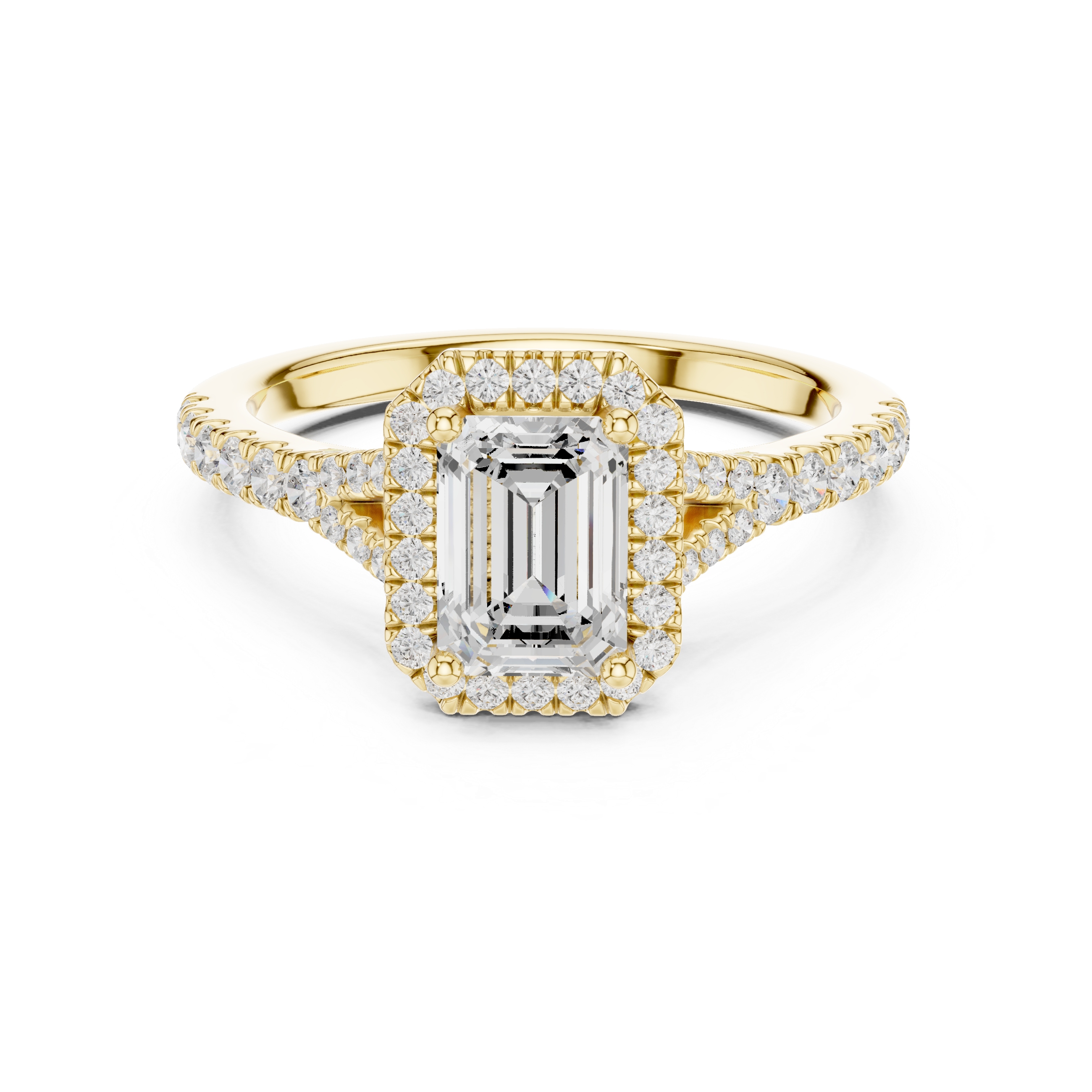 Emerald Cut Halo Engagement Ring with Split Shank Pavé Diamond Band