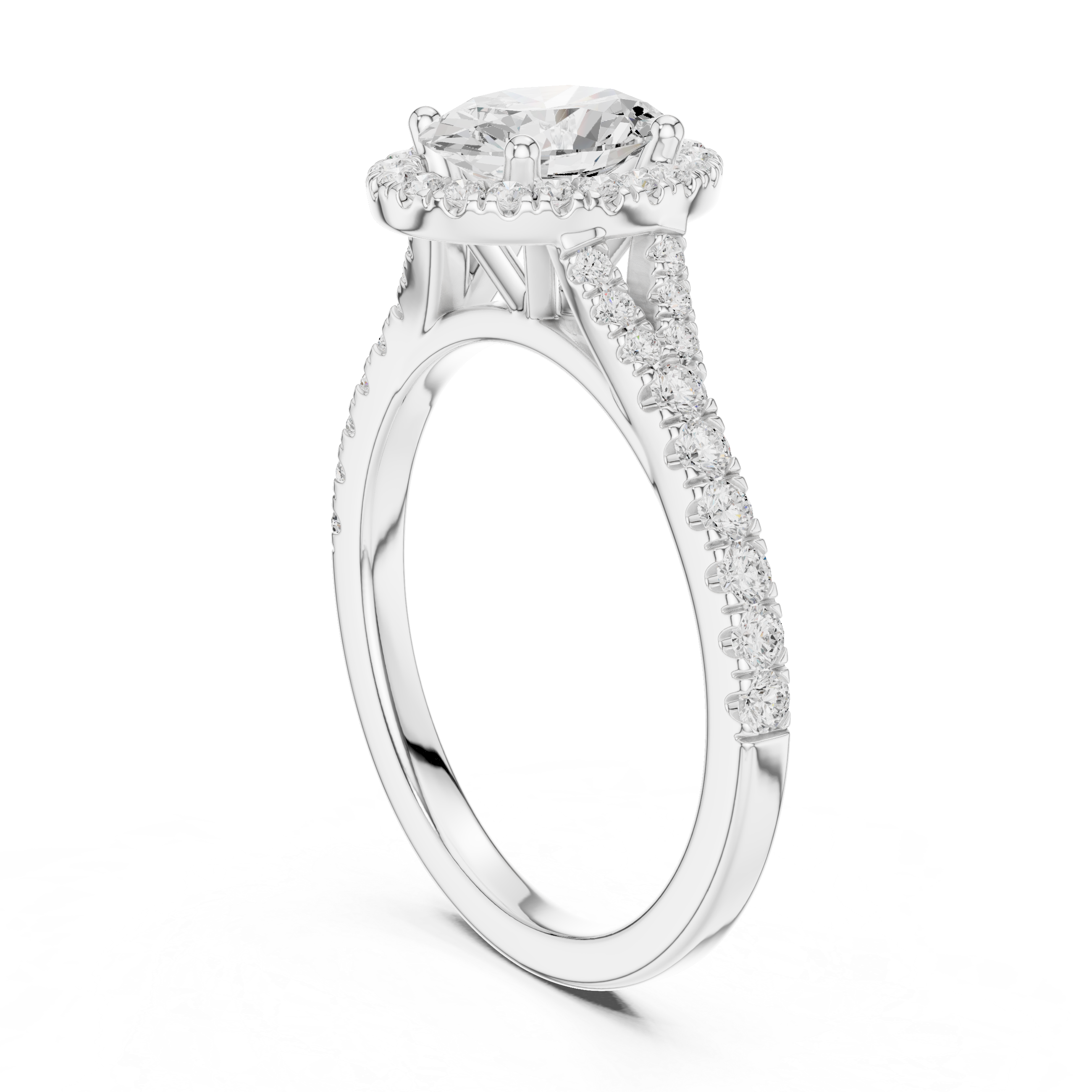 Oval Cut Halo Engagement Ring with Pavé Split Shank Diamond Band