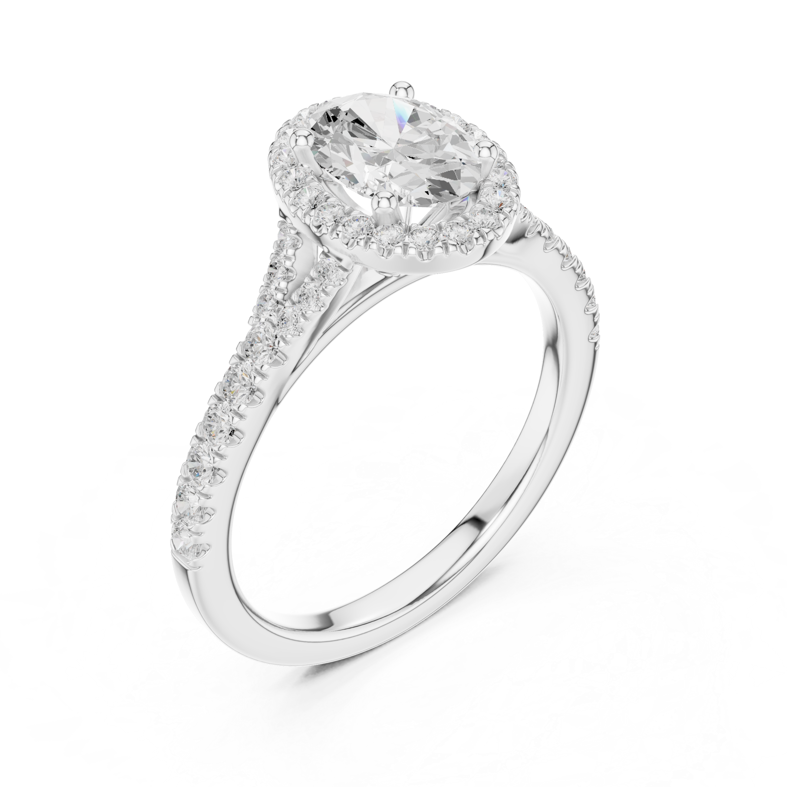 Oval Cut Halo Engagement Ring with Pavé Split Shank Diamond Band
