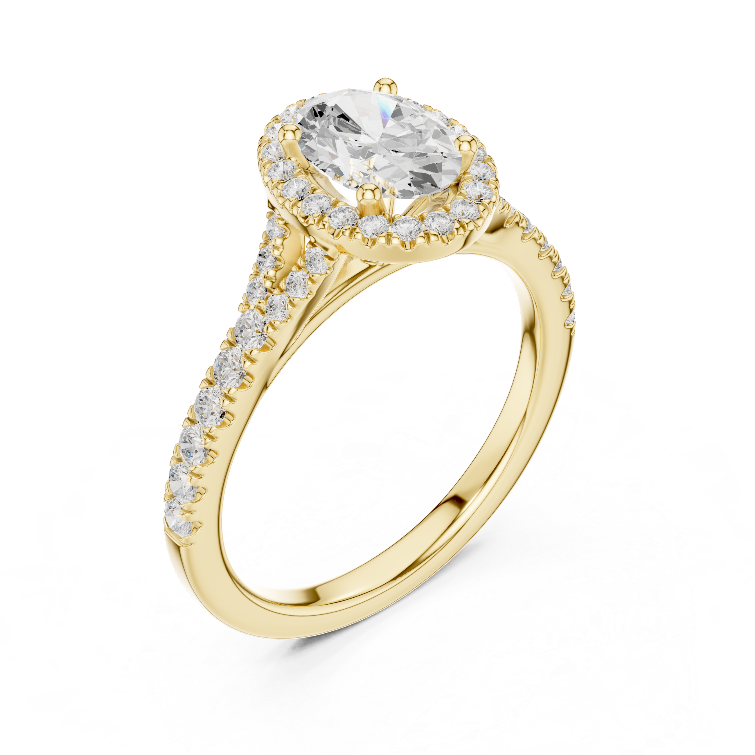 Oval Cut Halo Engagement Ring with Pavé Split Shank Diamond Band