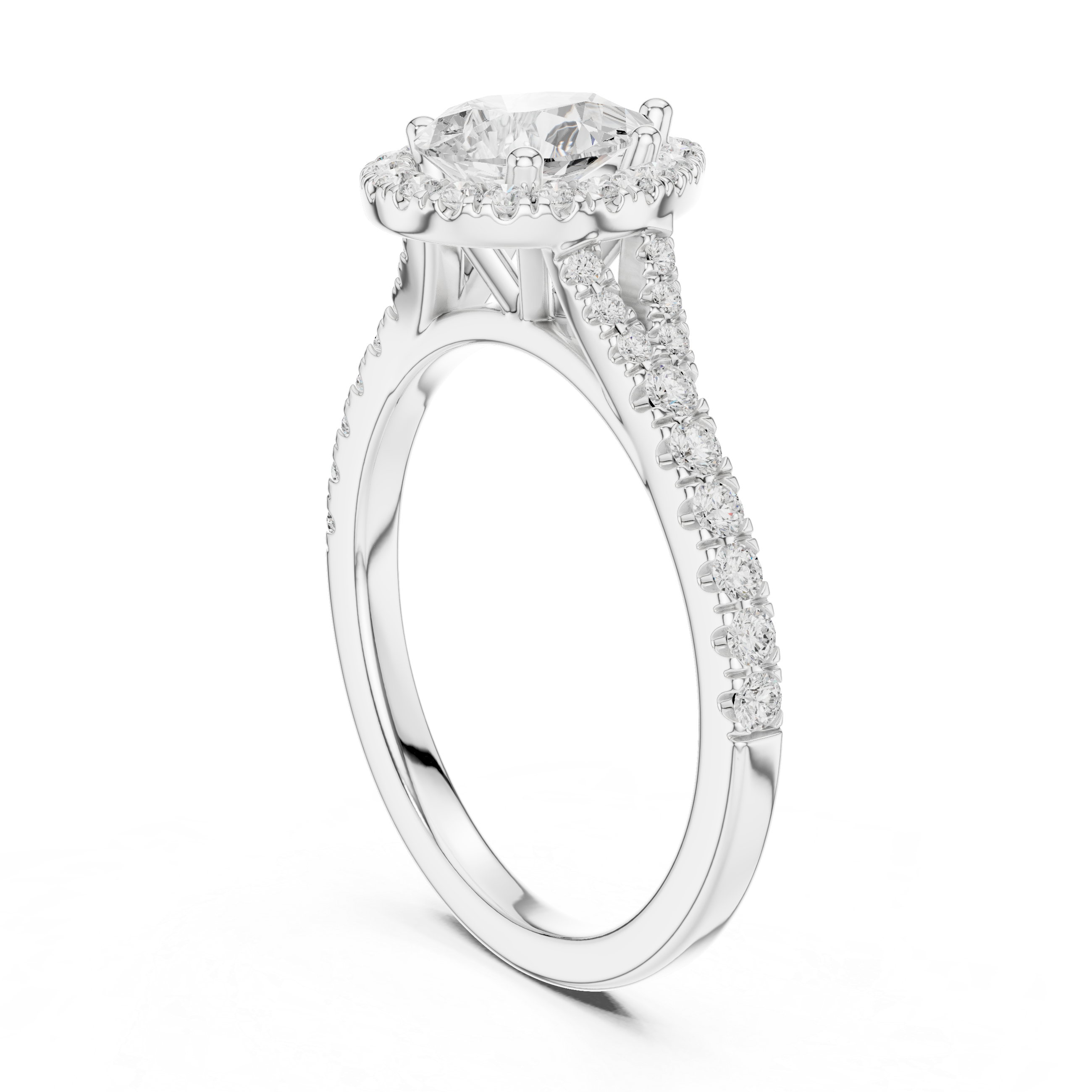 Pear Cut Halo Engagement Ring with Pavé Split Shank Diamond Band