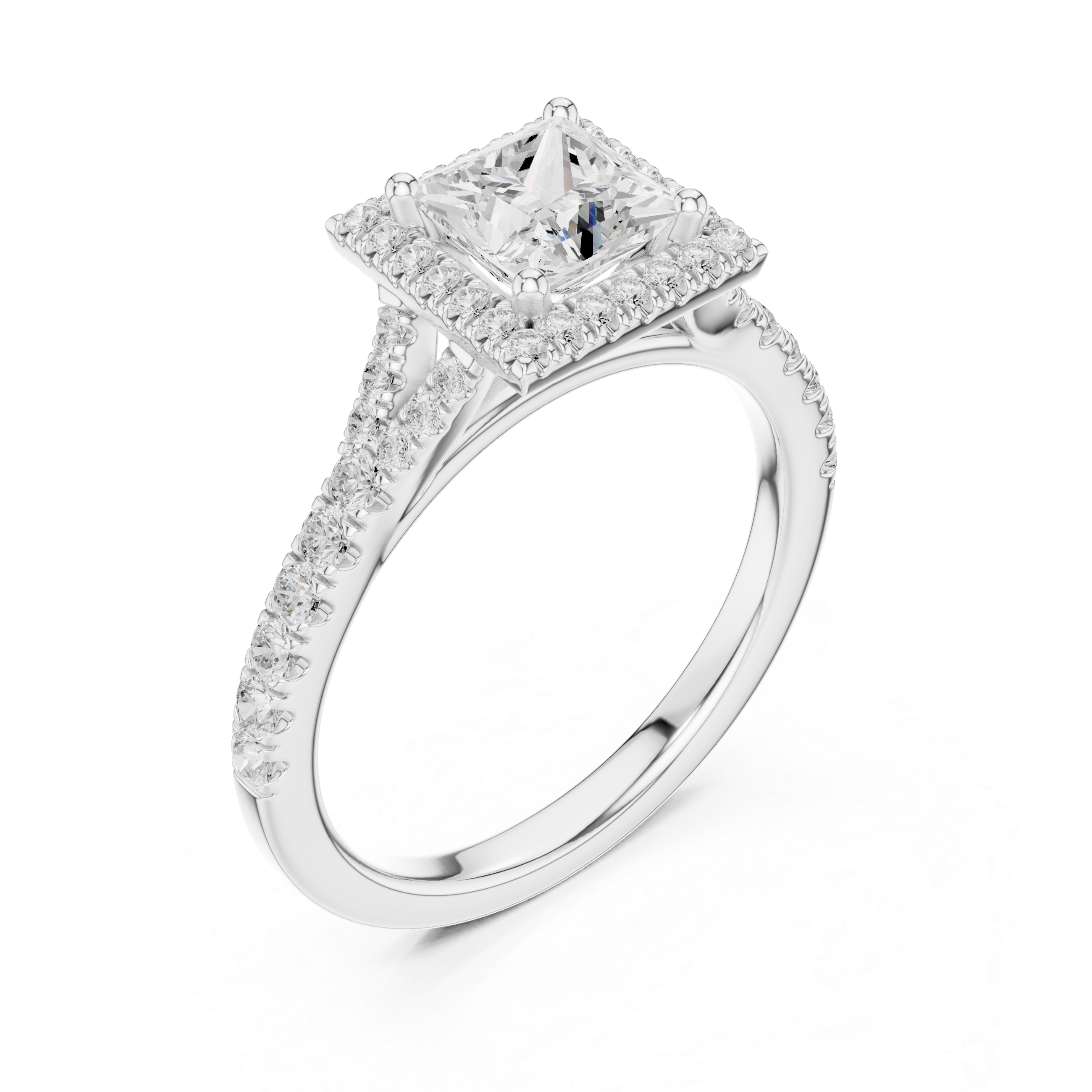 Princess Cut Halo Engagement Ring with Pavé Split Shank Diamond Band