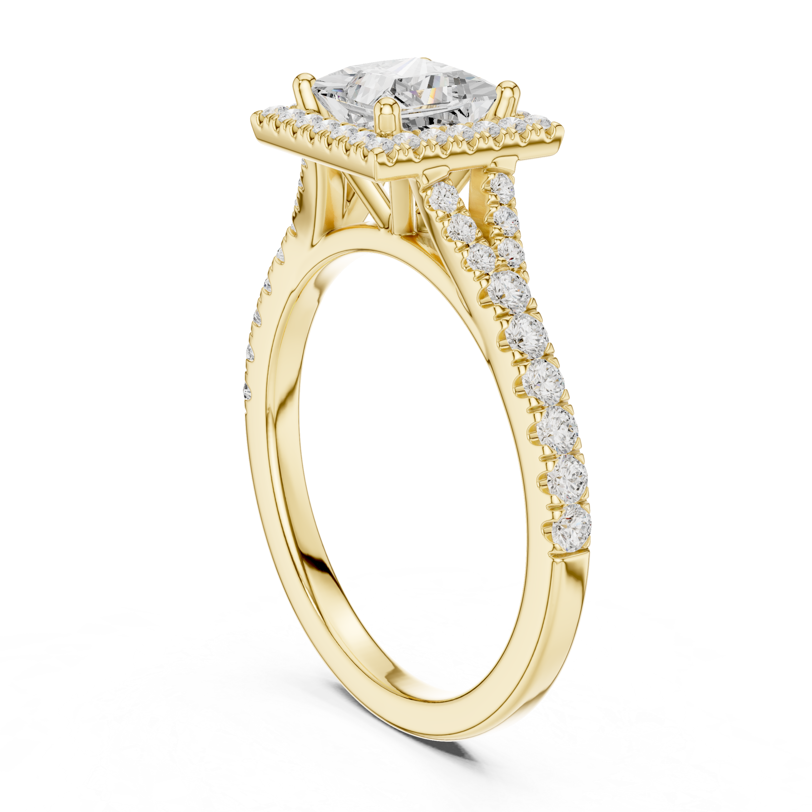 Princess Cut Halo Engagement Ring with Pavé Split Shank Diamond Band