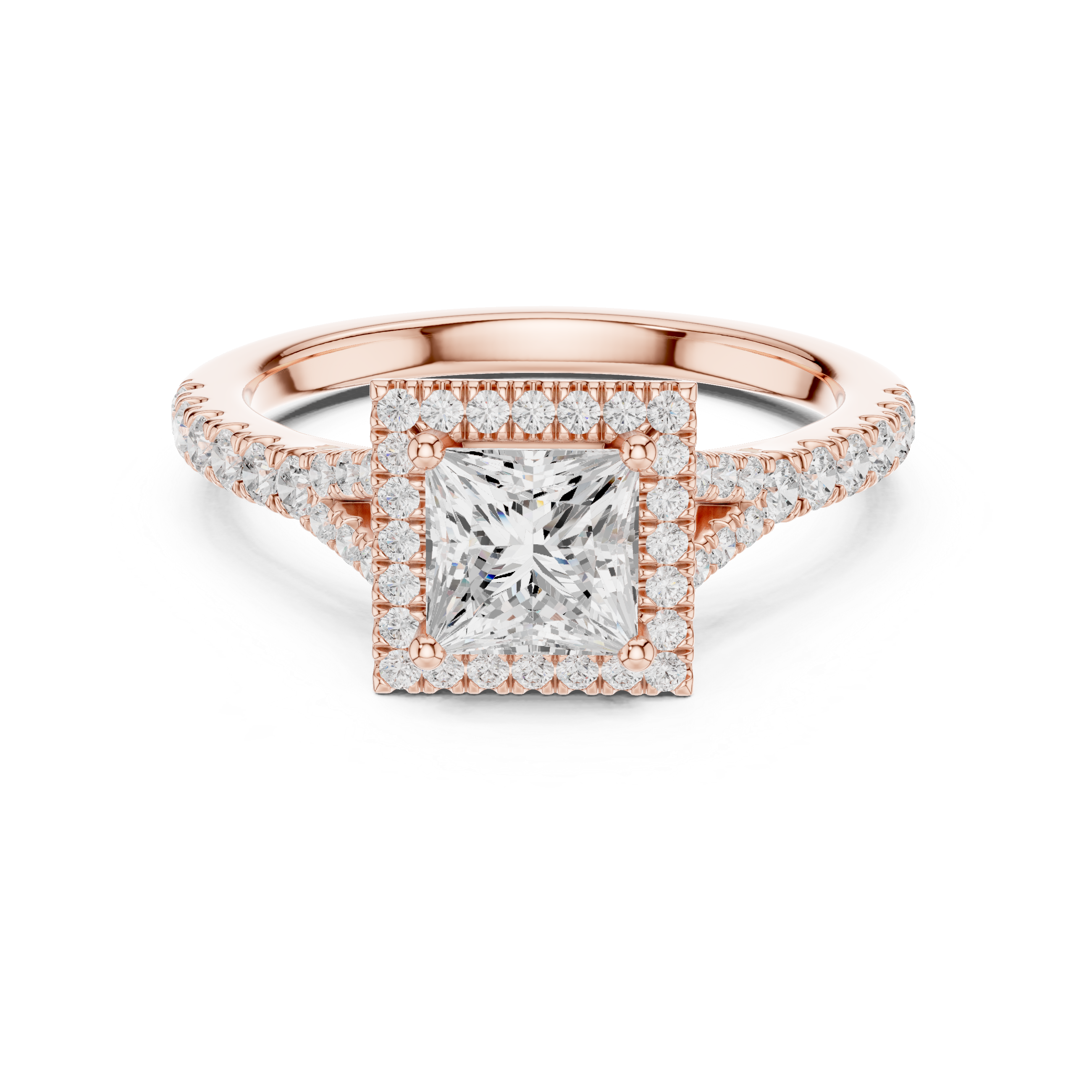Princess Cut Halo Engagement Ring with Pavé Split Shank Diamond Band