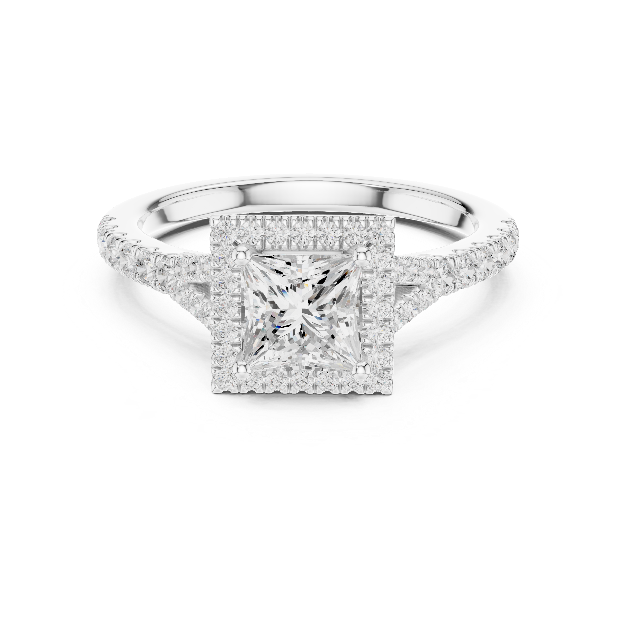 Princess Cut Halo Engagement Ring with Pavé Split Shank Diamond Band