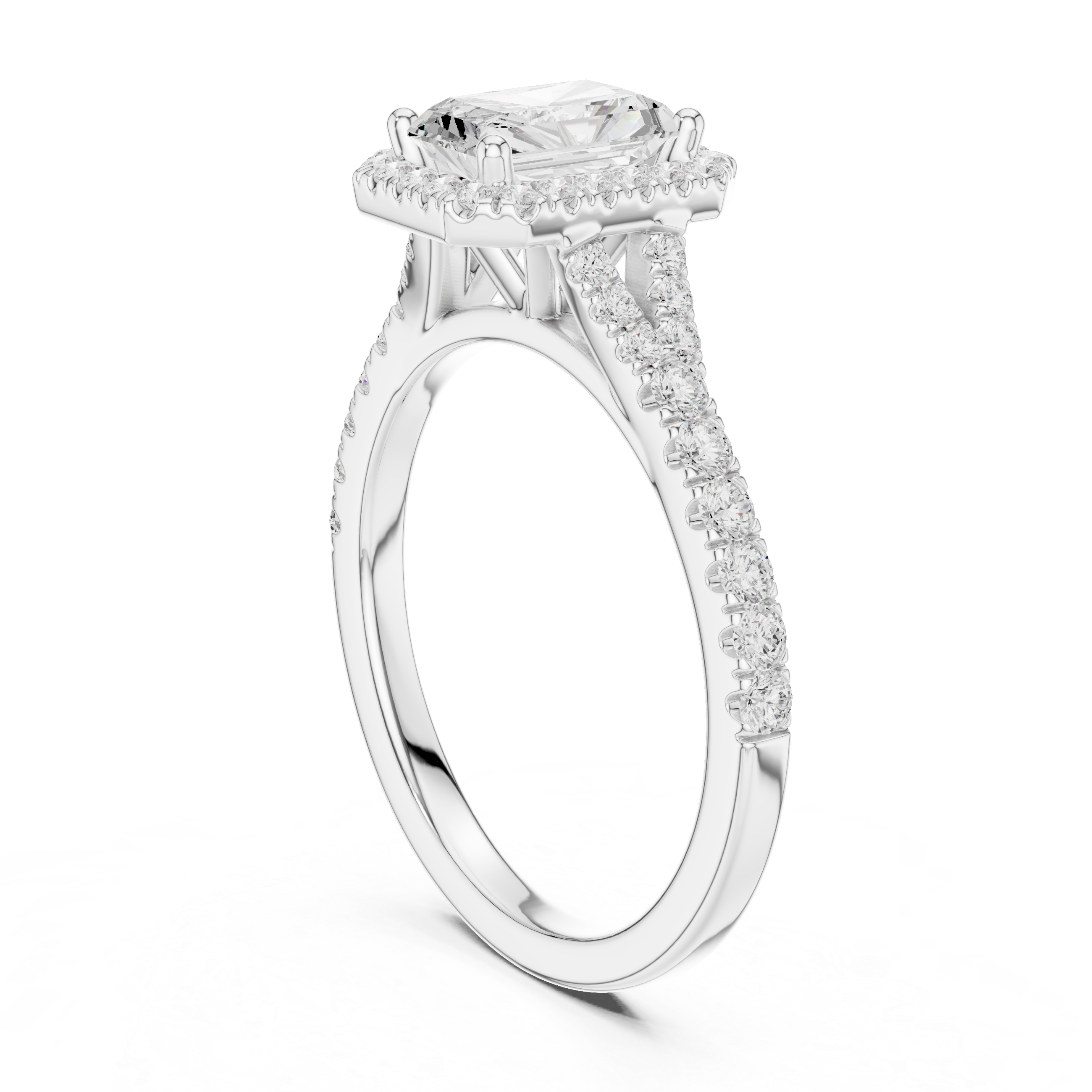Radiant Cut Halo Engagement Ring with Pavé Split Shank Diamond Band