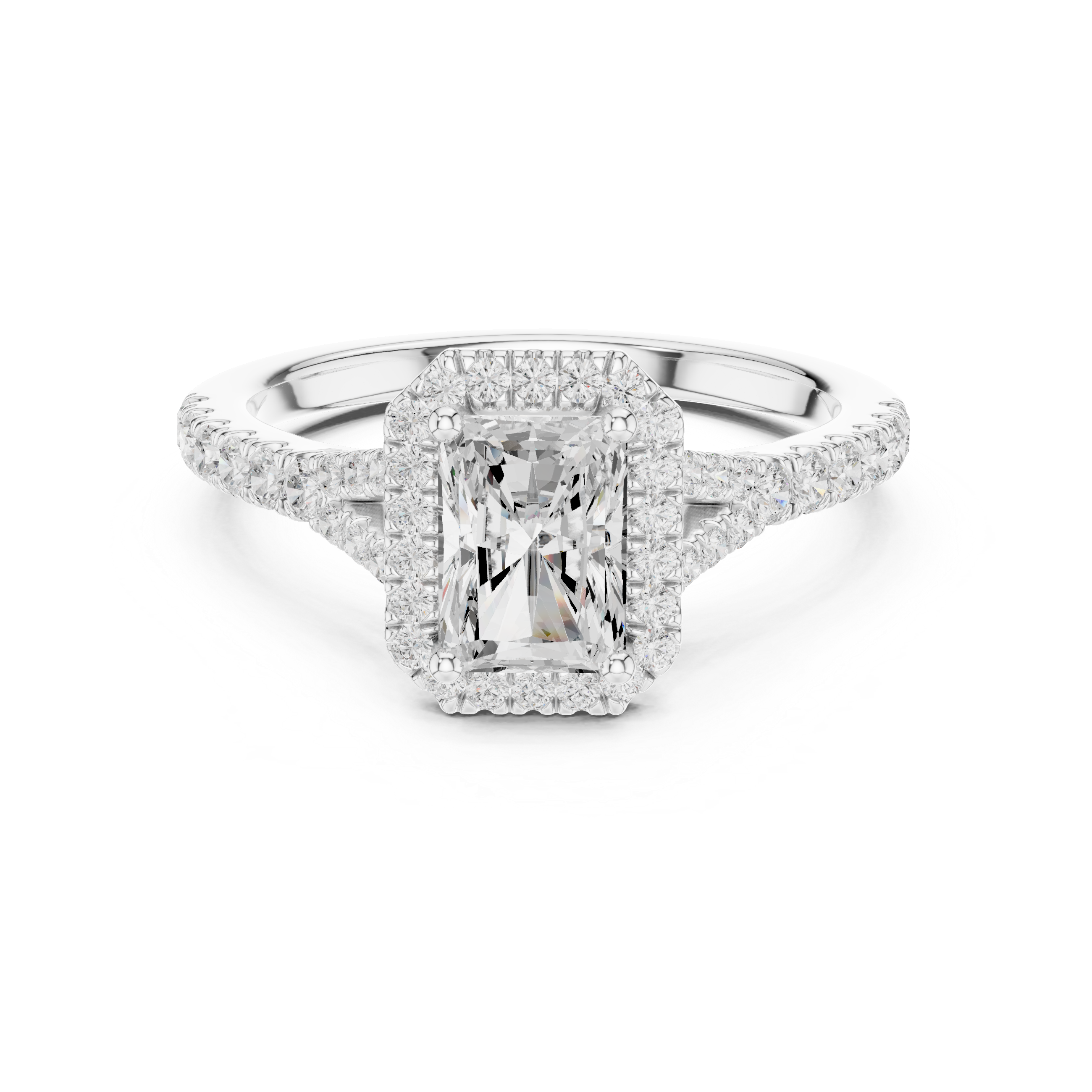 Radiant Cut Halo Engagement Ring with Pavé Split Shank Diamond Band