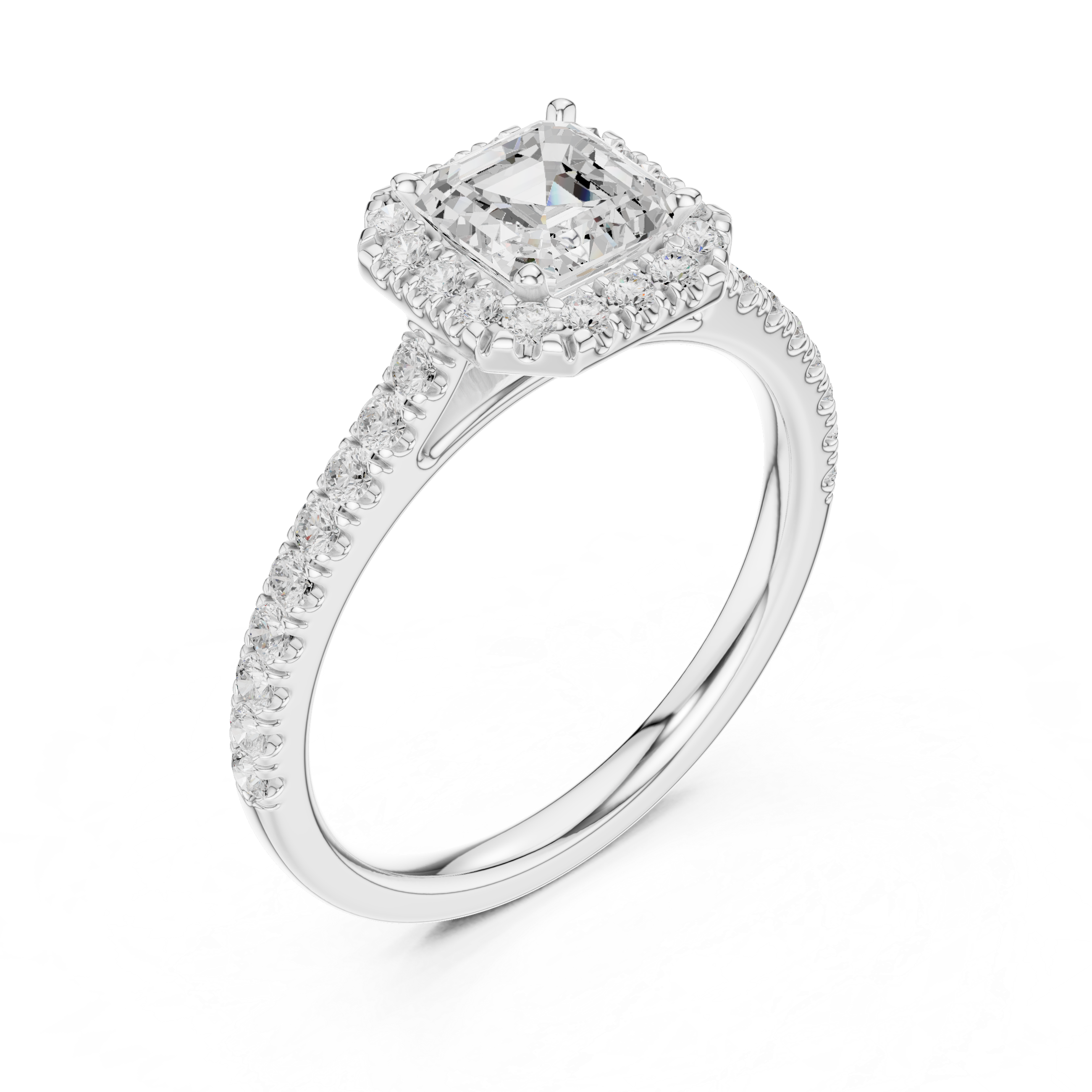 Emerald Cut Halo Engagement Ring with Pavé Diamond Band