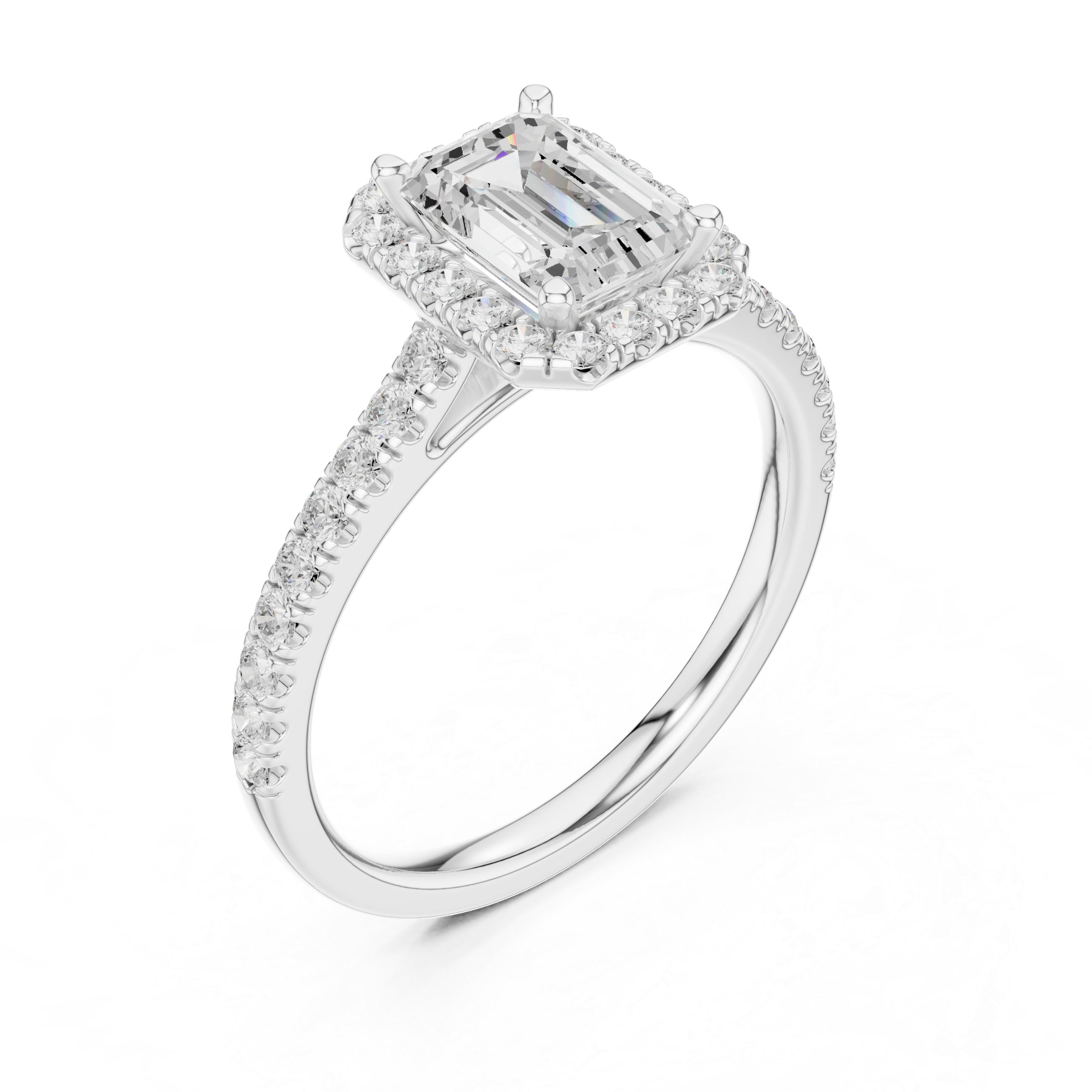 Emerald Cut Halo Engagement Ring with Pavé Diamond Band