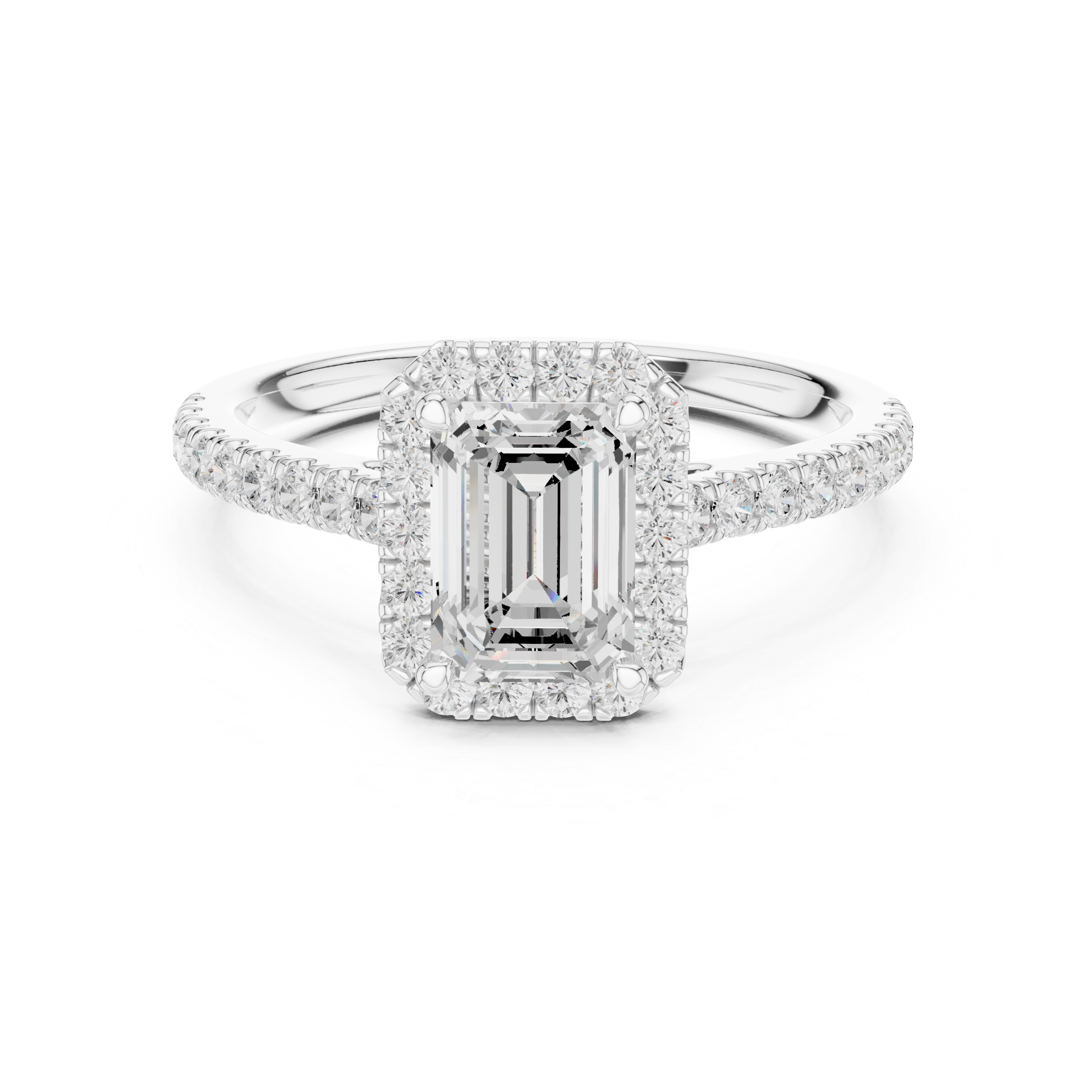Emerald Cut Halo Engagement Ring with Pavé Diamond Band
