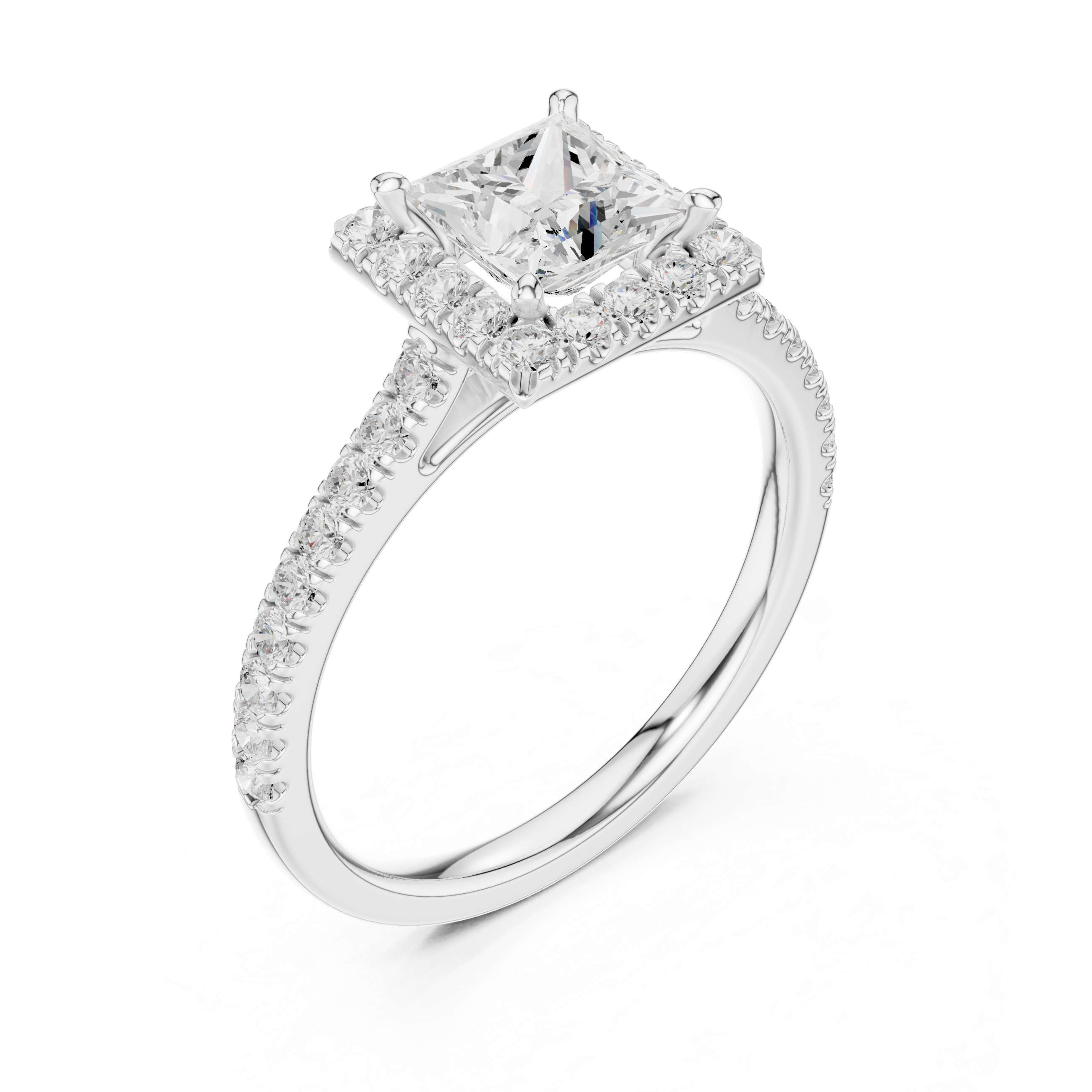 Princess Cut Halo Engagement Ring with Pavé Diamond Band