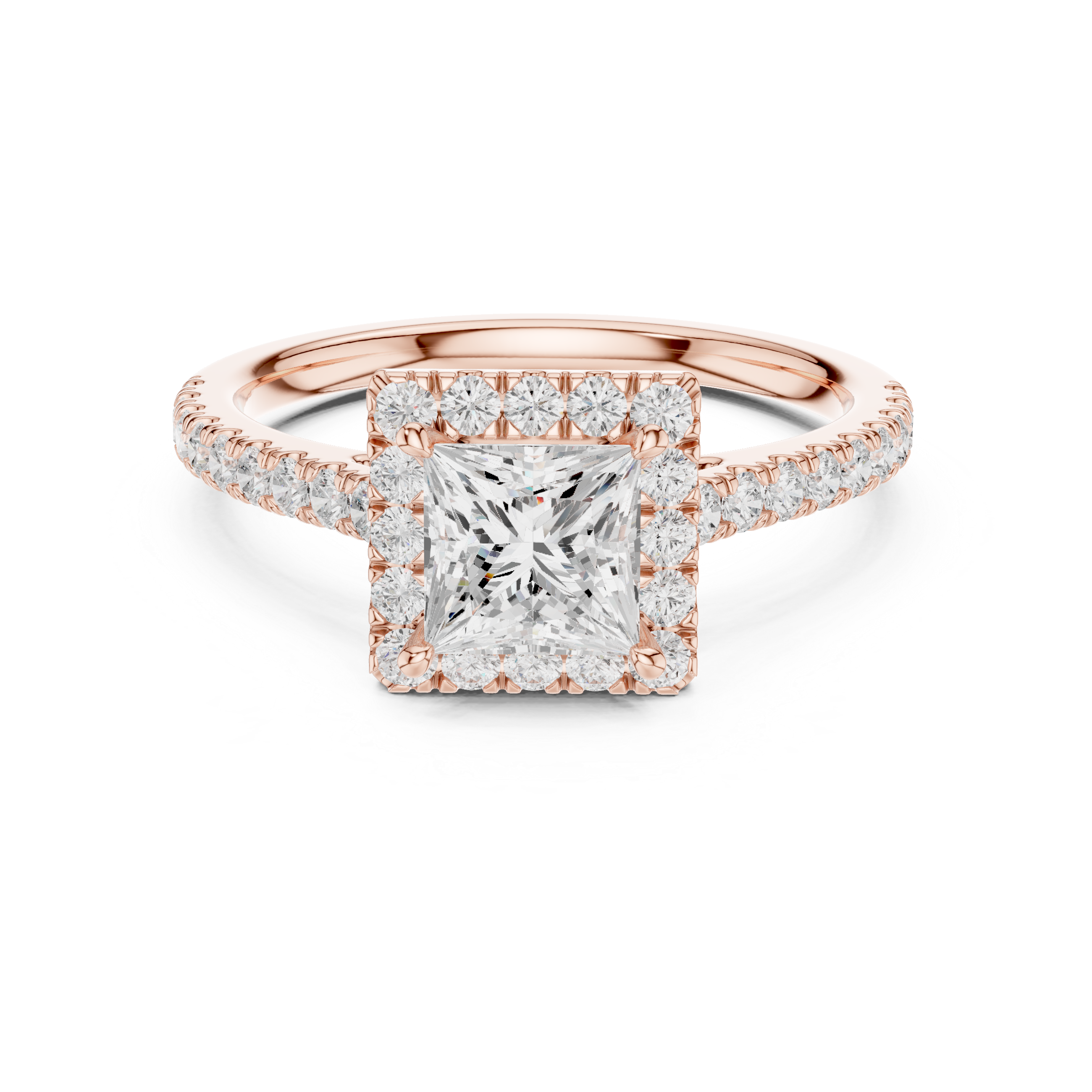 Princess Cut Halo Engagement Ring with Pavé Diamond Band