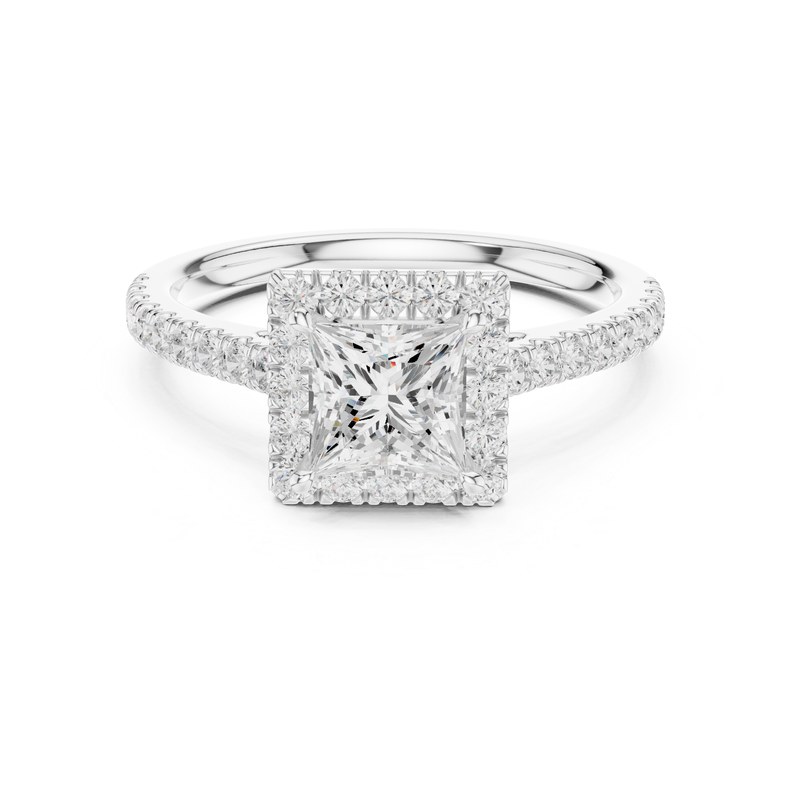 Princess Cut Halo Engagement Ring with Pavé Diamond Band